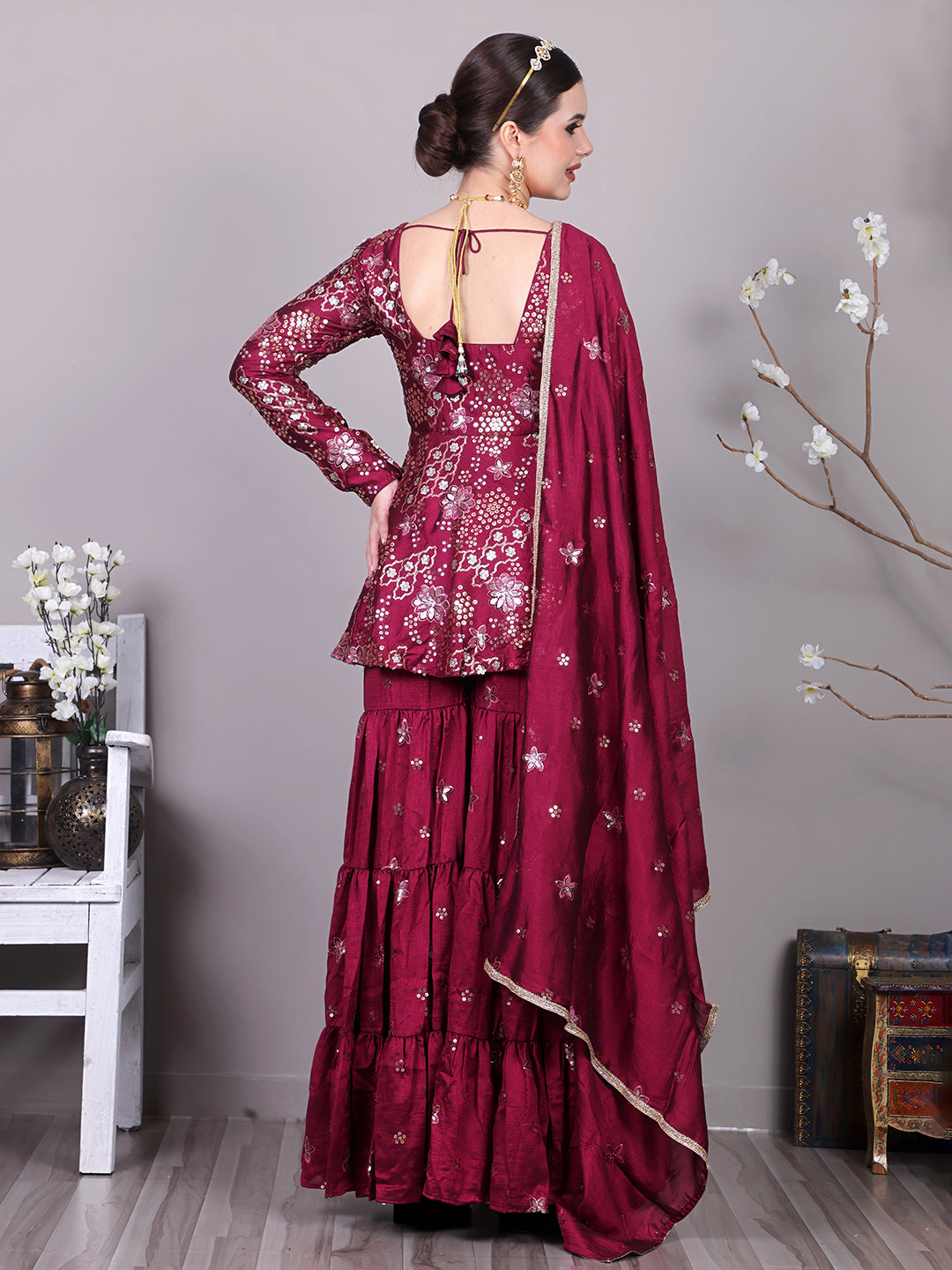 Bollywood Vogue Ready To Wear Chic Top With Art Silk Embroidered Sharara Suit - Back View