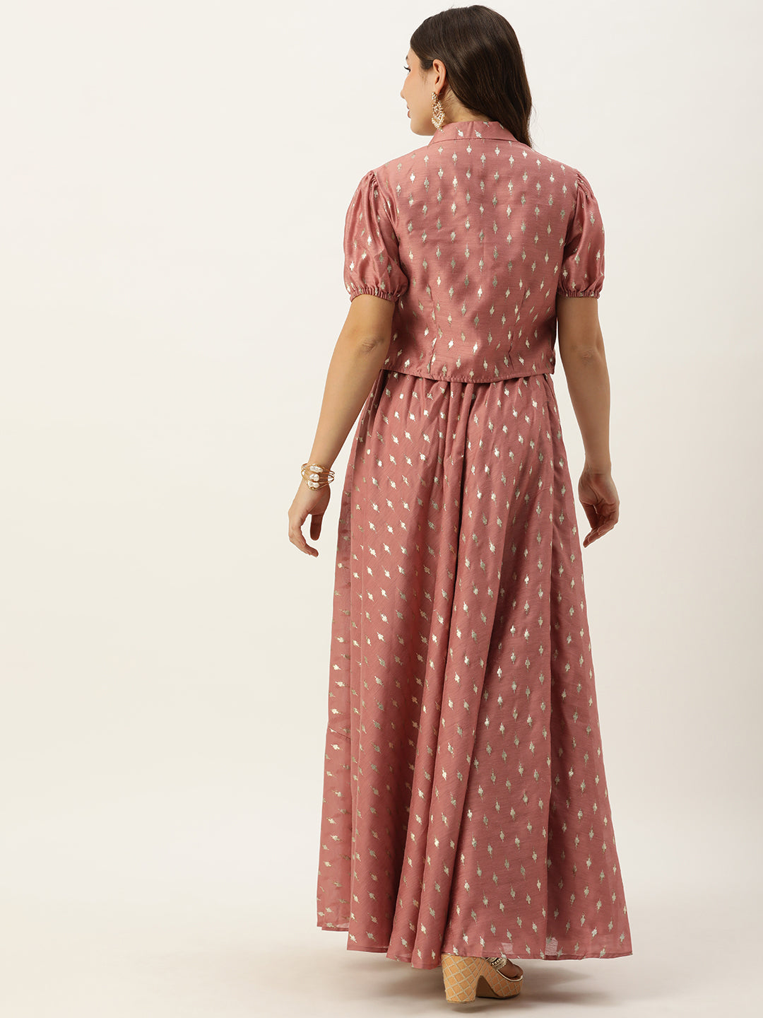 Bollywood Vogue Ready To Wear Peach Foil Printed Crop Top N Skirt With Jacket - Detail View