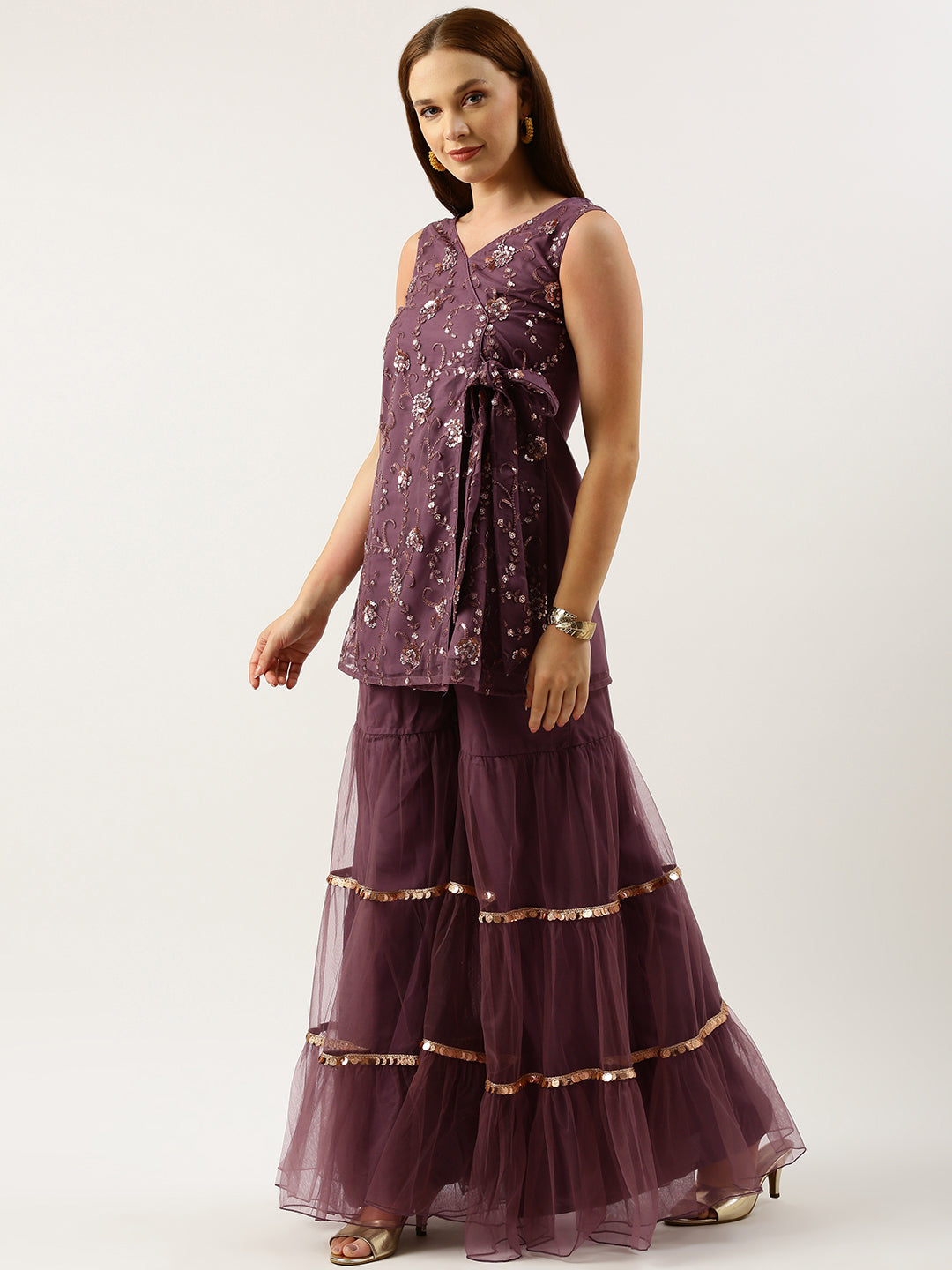 Bollywood Vogue Ready To Wear Purple Sequin Embroidered Net Sharara Suit - Side View