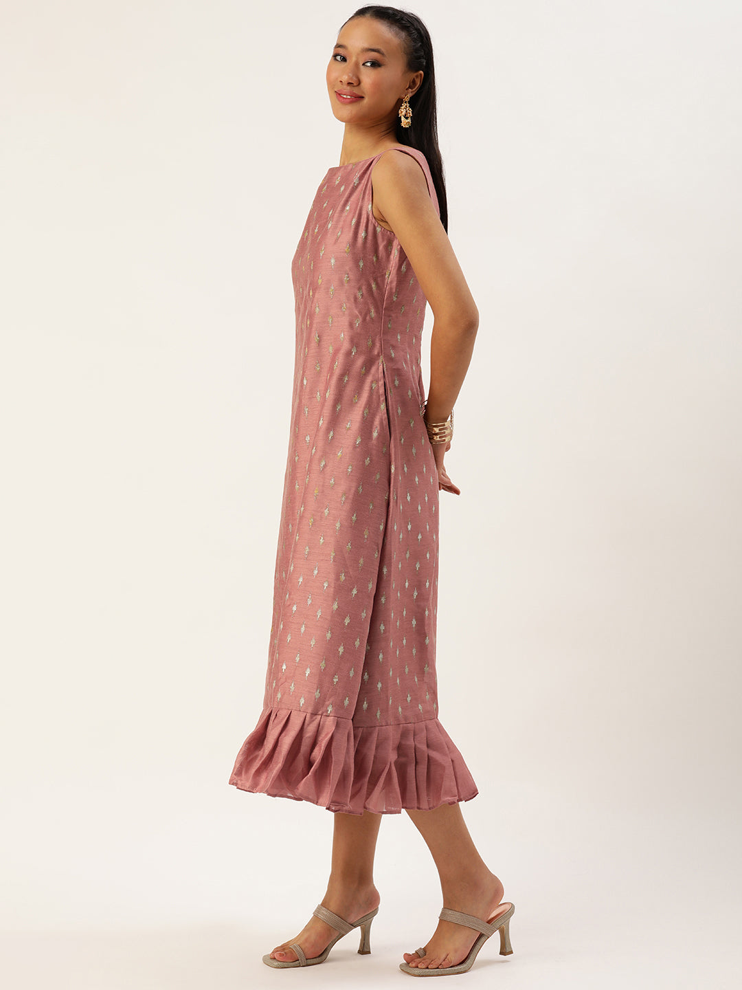 Bollywood Vogue Ready To Wear Peach Art Silk Foil Print Dress - Detail View