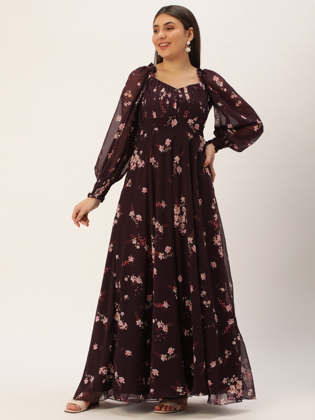 Bollywood Vogue Ready To Wear Purple Georgette Printed Pleated Yoke Gown - Front View