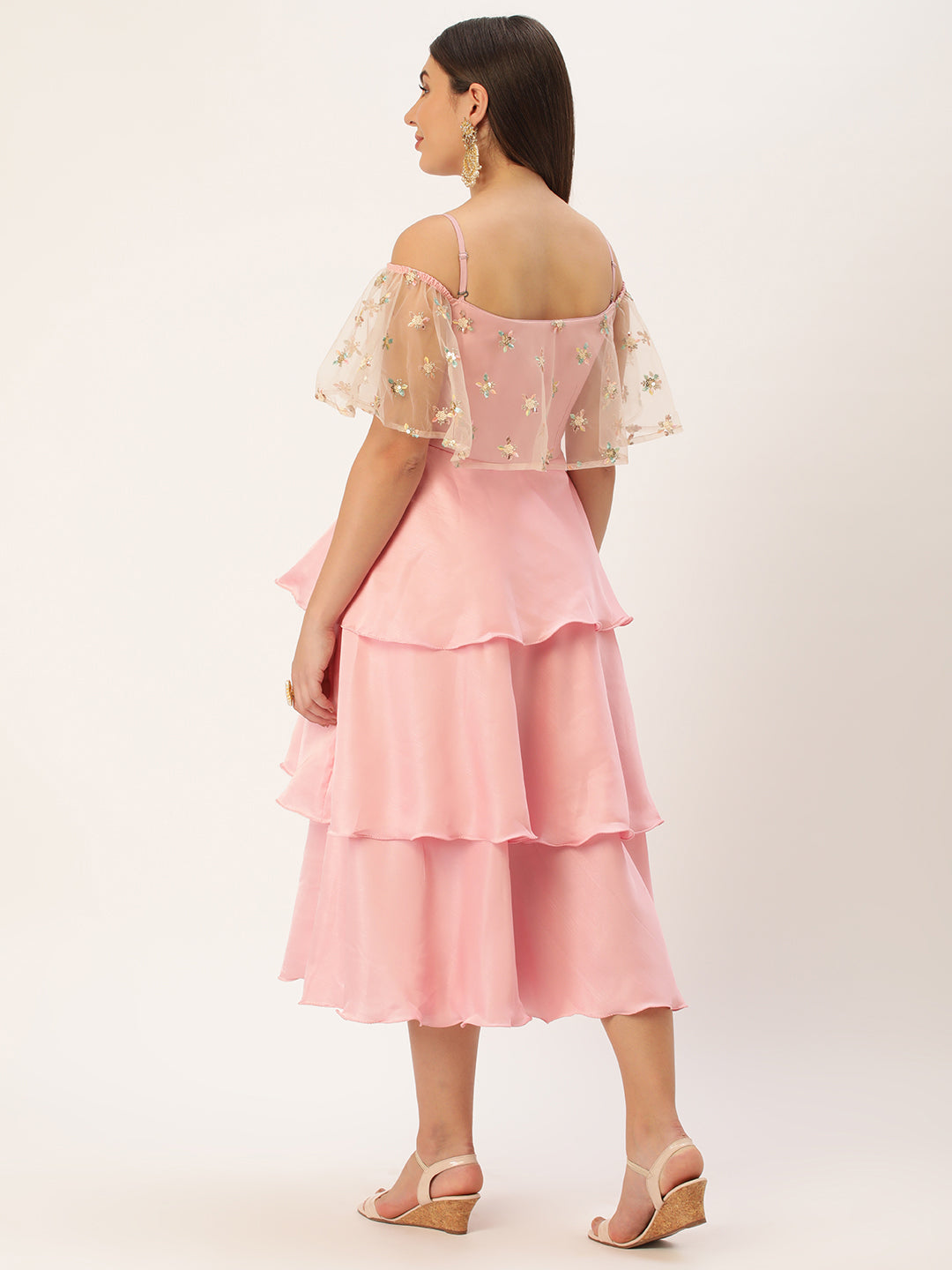Bollywood Vogue Ready To Wear White Embroidered Net N Pink Satin Dress - Back View