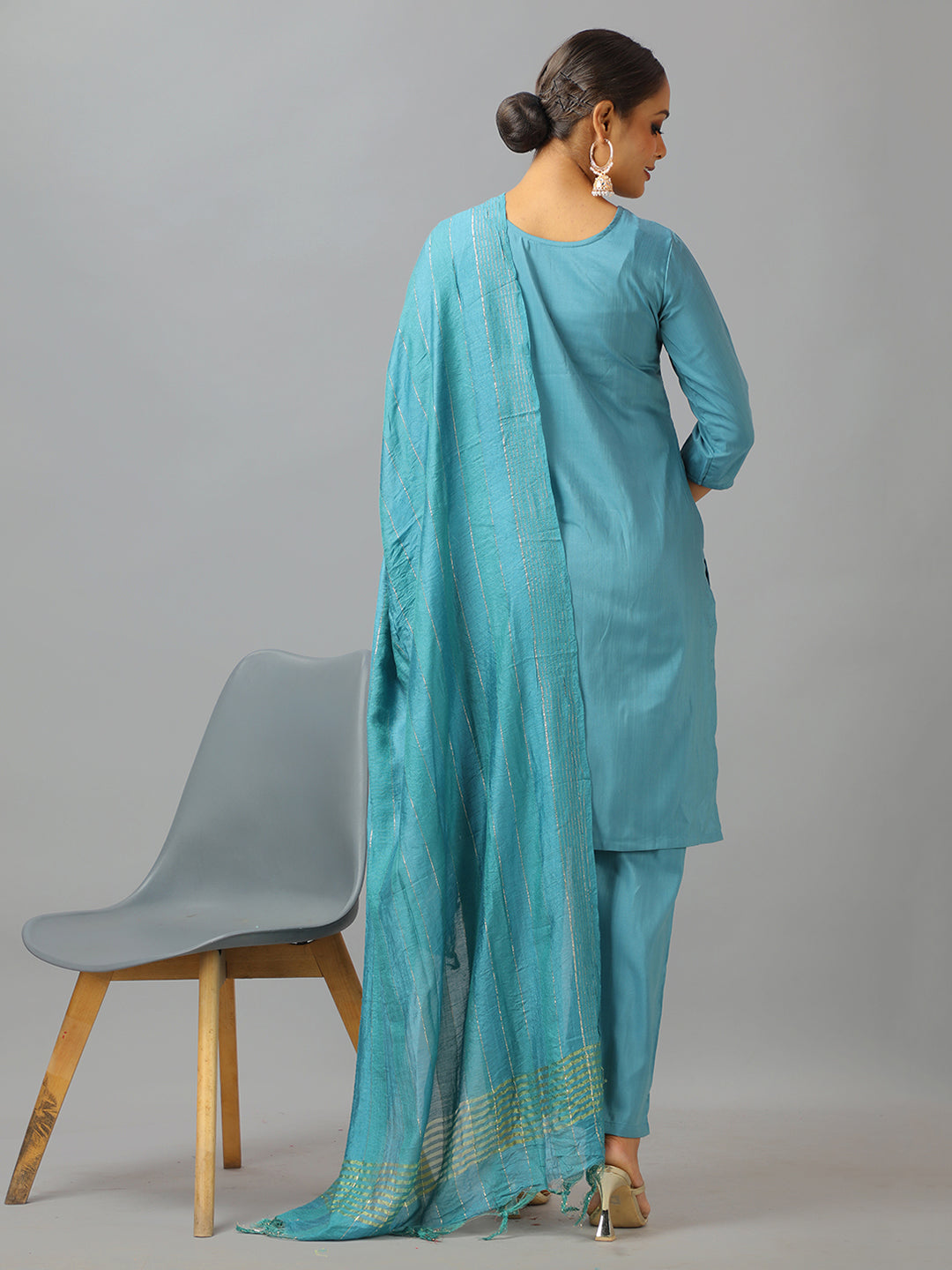 Bollywood Vogue Ready To Wear Blue Art Silk Embroidered Straight Pant Suit - Back View