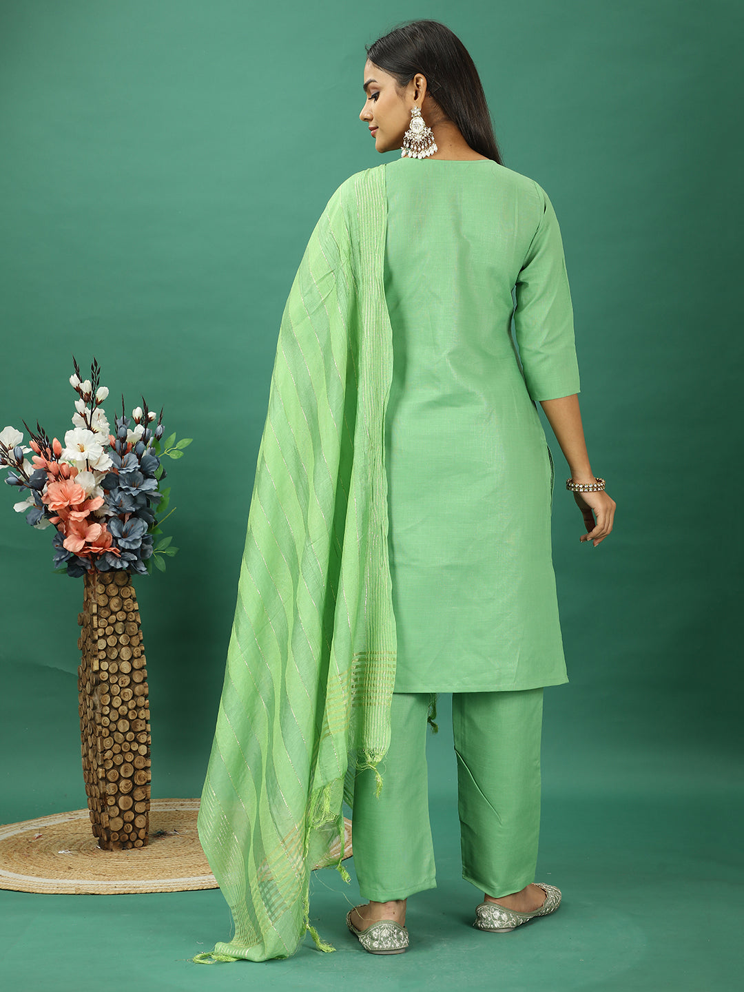 Bollywood Vogue Ready To Wear Green Rayon Embroidered Straight Pant Suit - Back View