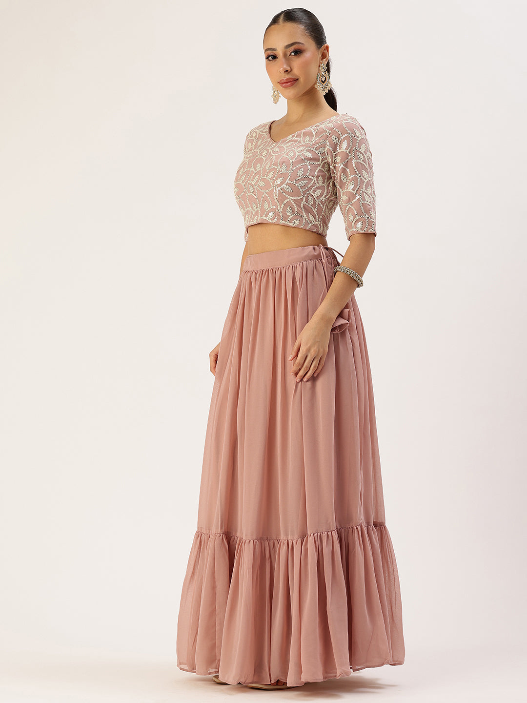 Bollywood Vogue Ready To Wear Pink Embroidered Lehenga Set - Side View