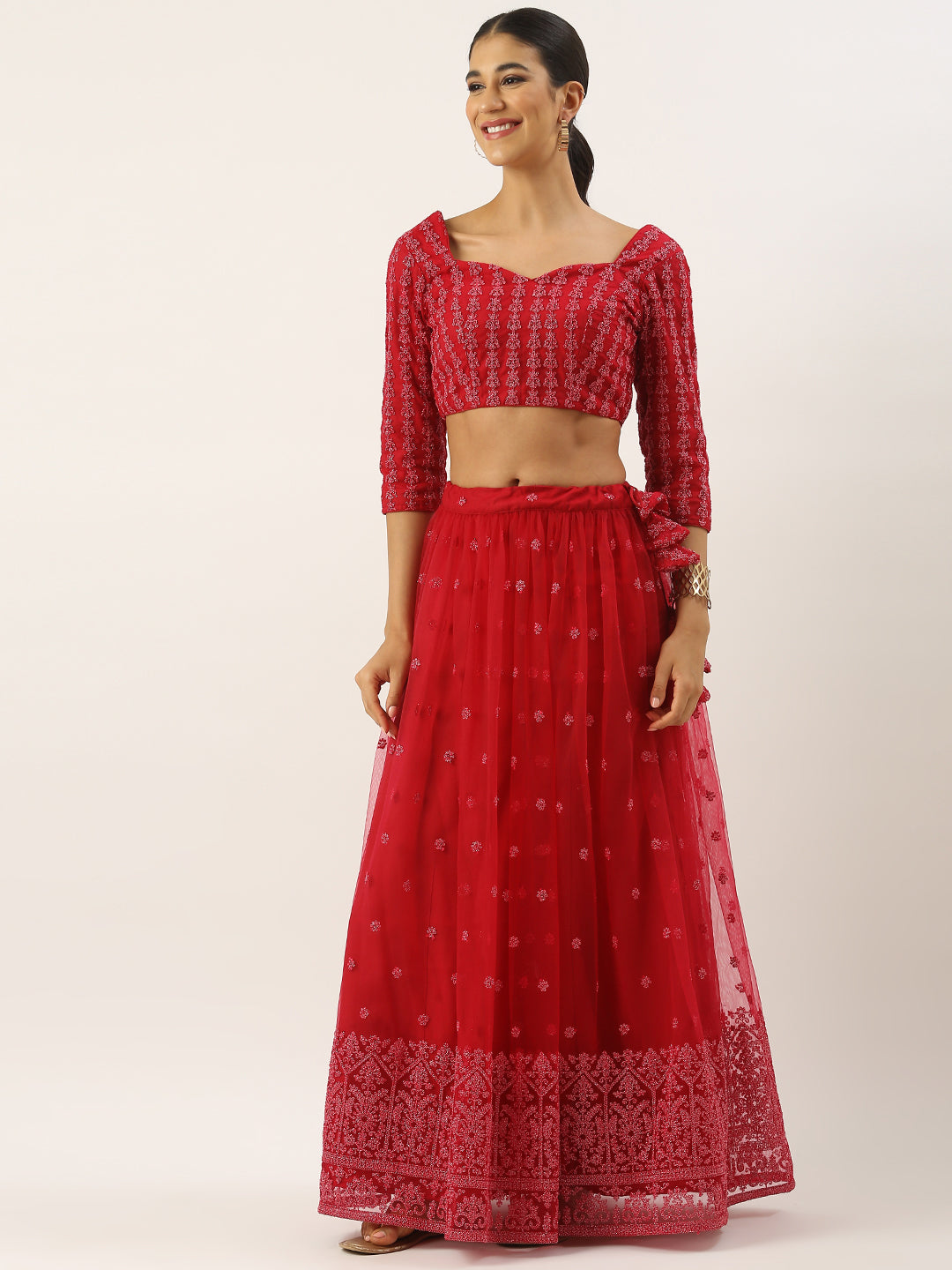 Bollywood Vogue Ready To Wear Red Net Embroidered Gathered Style Lehenga Set - Side View