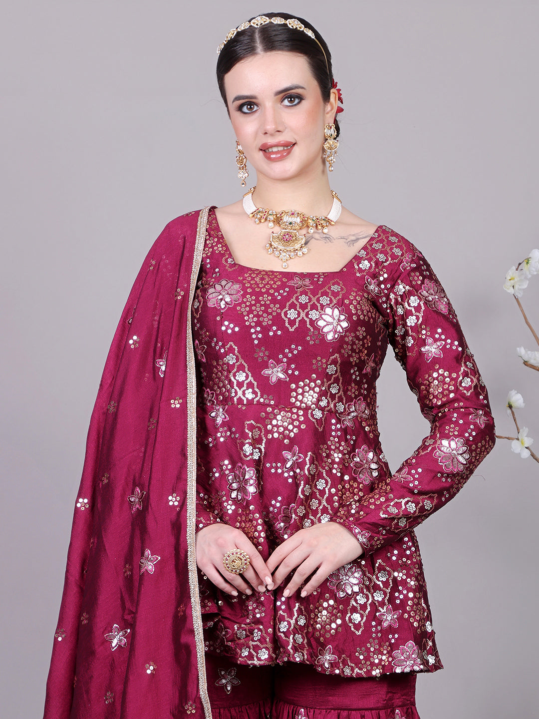 Bollywood Vogue Ready To Wear Chic Top With Art Silk Embroidered Sharara Suit - Look Shot