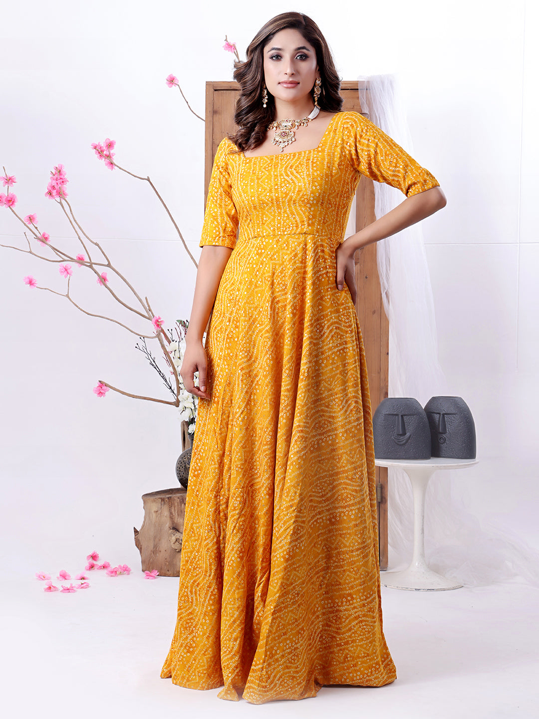 Bollywood Vogue Ready To Wear Yellow Viscose Printed Dress - Front View
