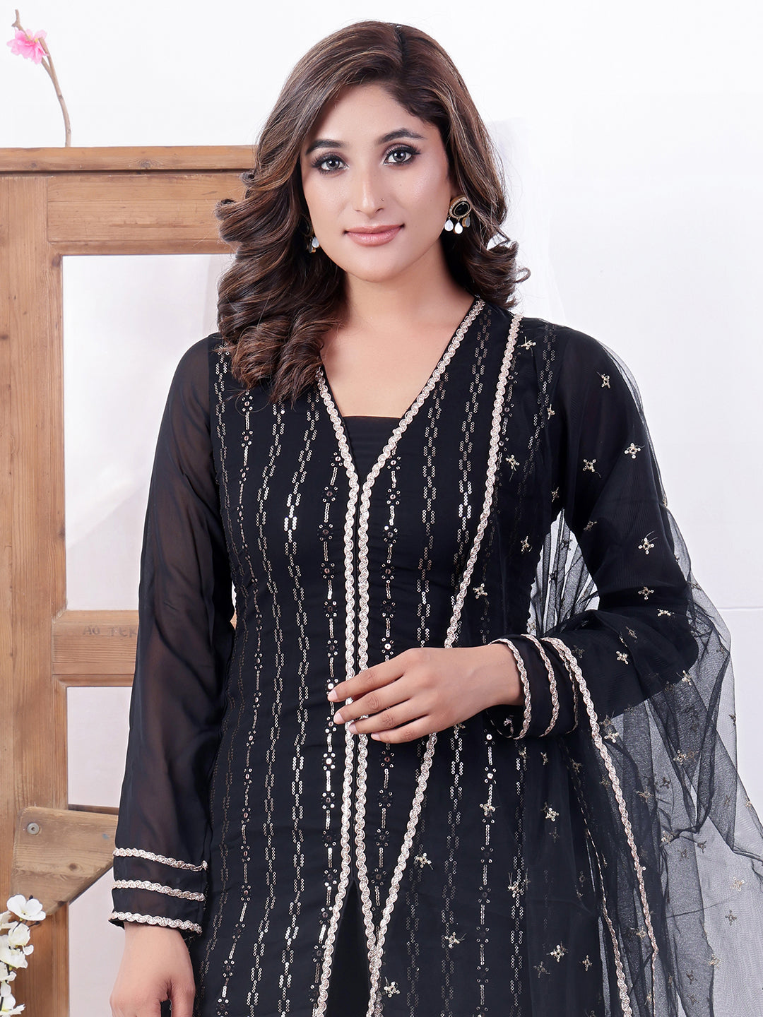 Bollywood Vogue Ready To Wear Black Georgette Embroidered Straight Suit N Palazzo - Look Shot