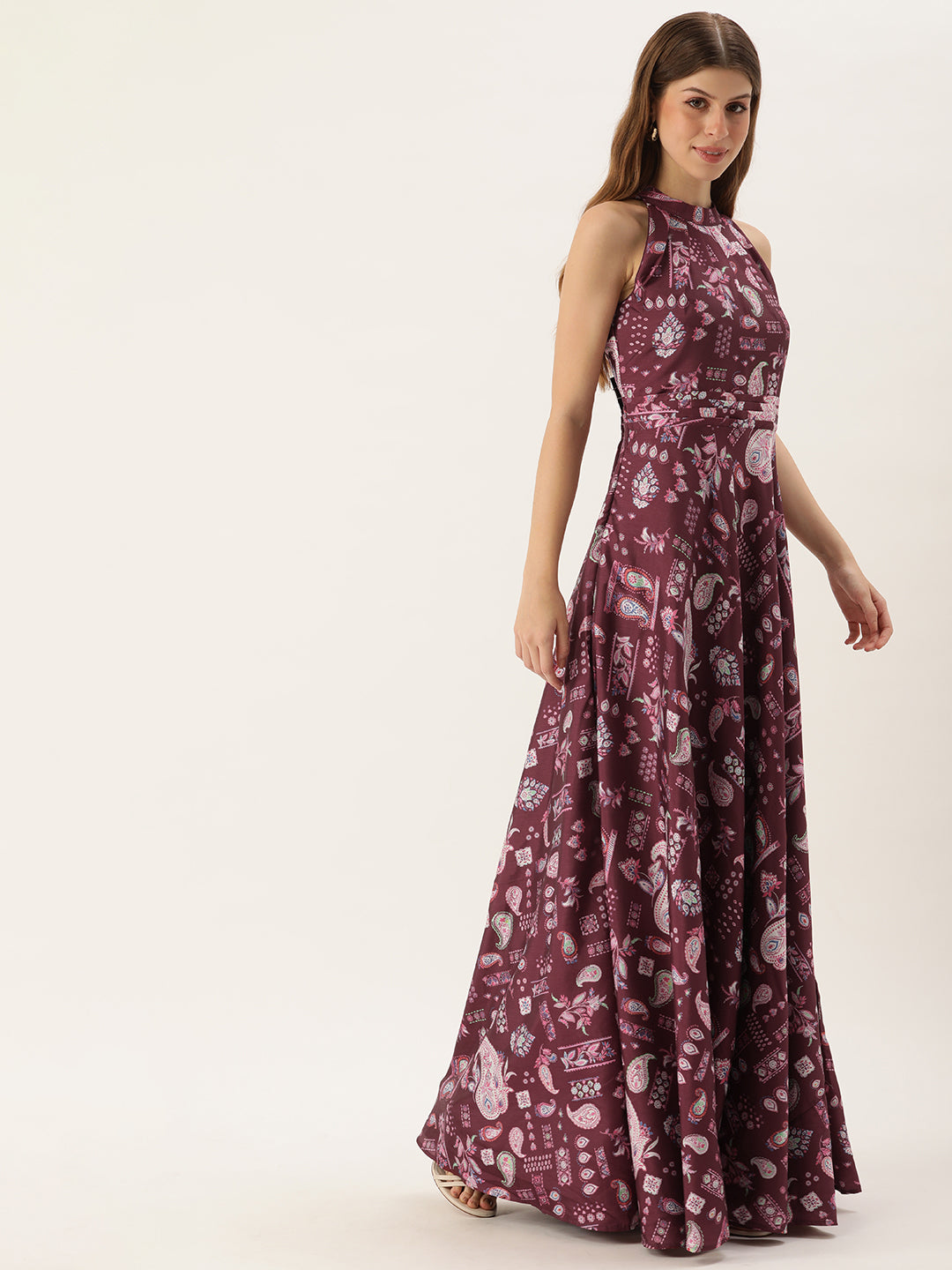 Bollywood Vogue Ready To Wear Maroon Digital Printed Kota Silk Gown - Side View