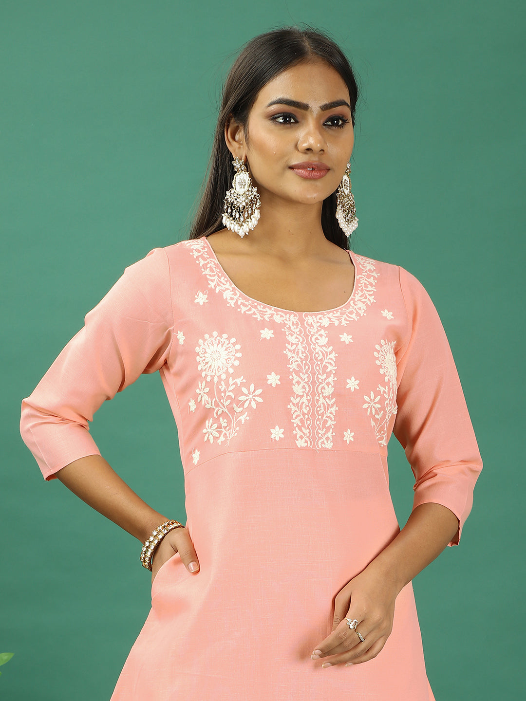 Bollywood Vogue Ready To Wear Peach Rayon Embroidered Narrow Straight Pant Suit - Detail View