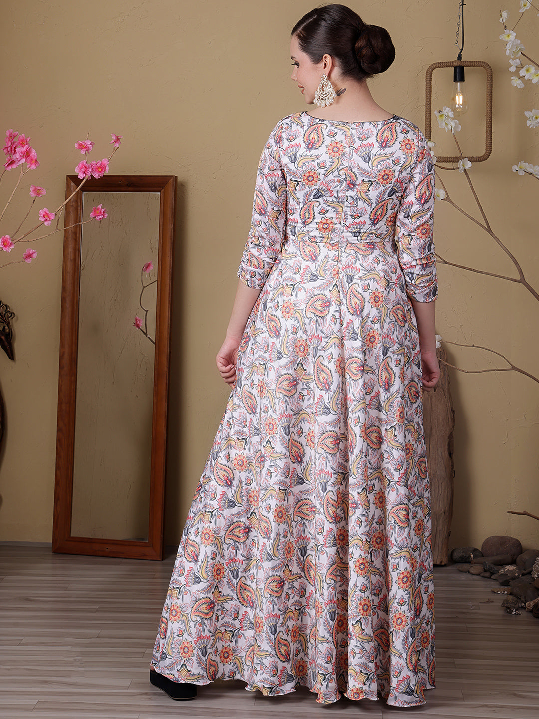 Bollywood Vogue Ready To Wear White N Green Satin Digital Printed Anarkali Suit - Detail View