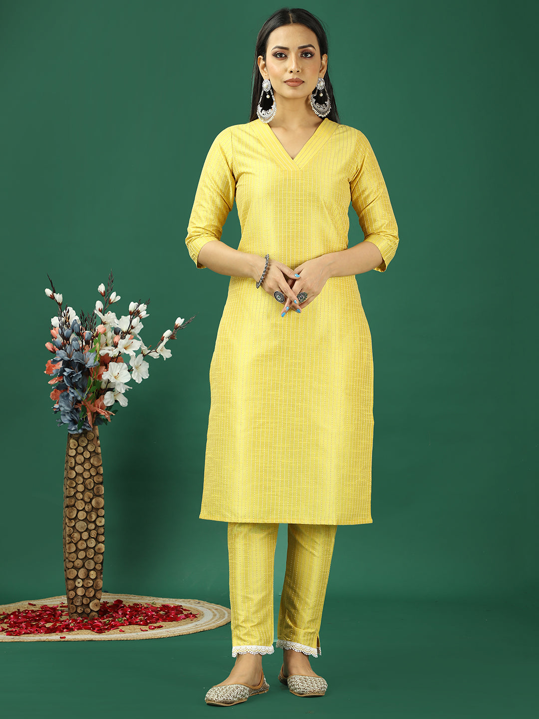 Bollywood Vogue Ready To Wear Yellow Art Silk Straight Pant Kurta Sets - Front View