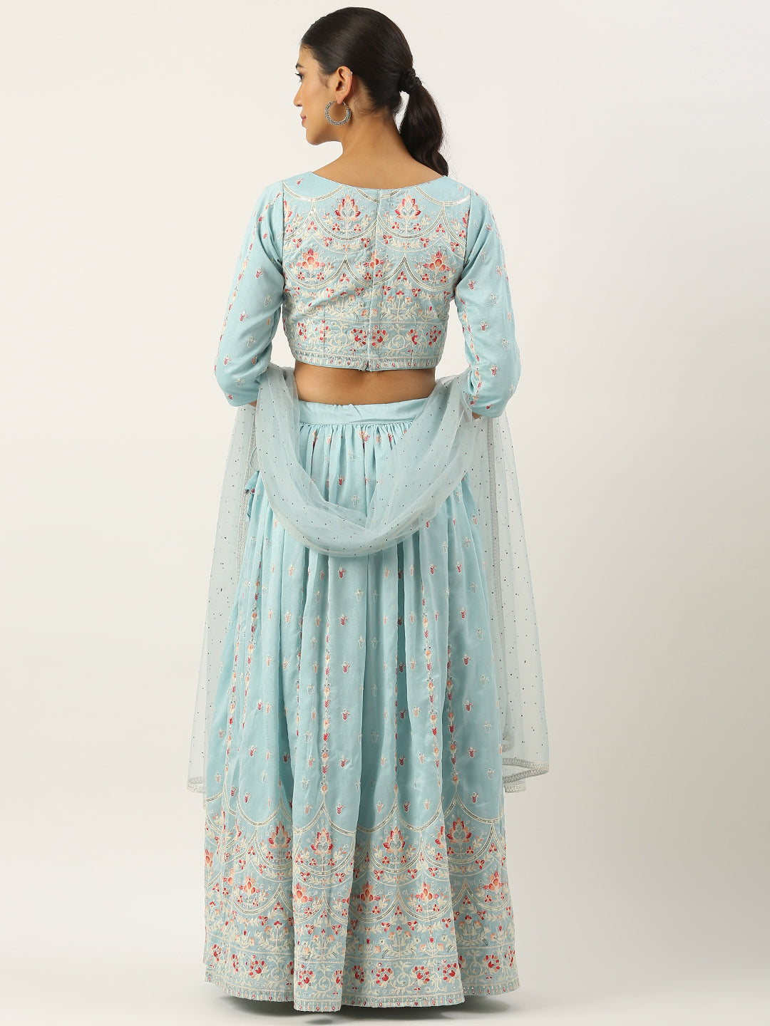 Bollywood Vogue Ready To Wear Blue Art Silk Embroidered Lehenga Set - Back View