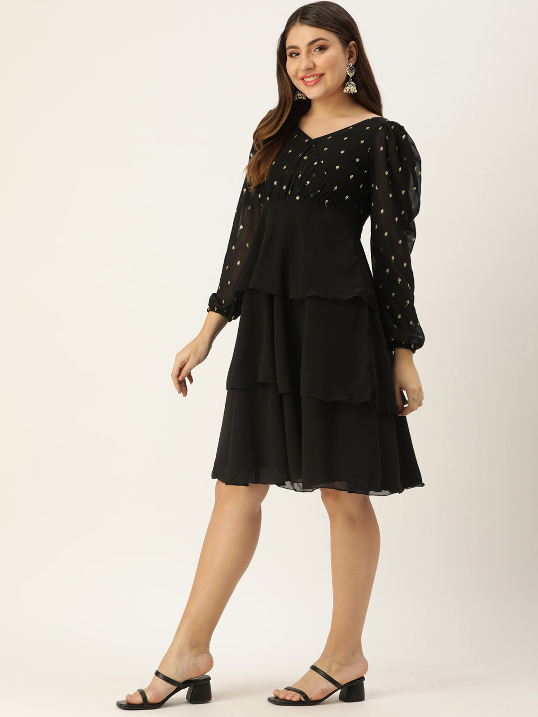 Bollywood Vogue Ready To Wear Black Georgette Embroidered Layered Dress - Side View