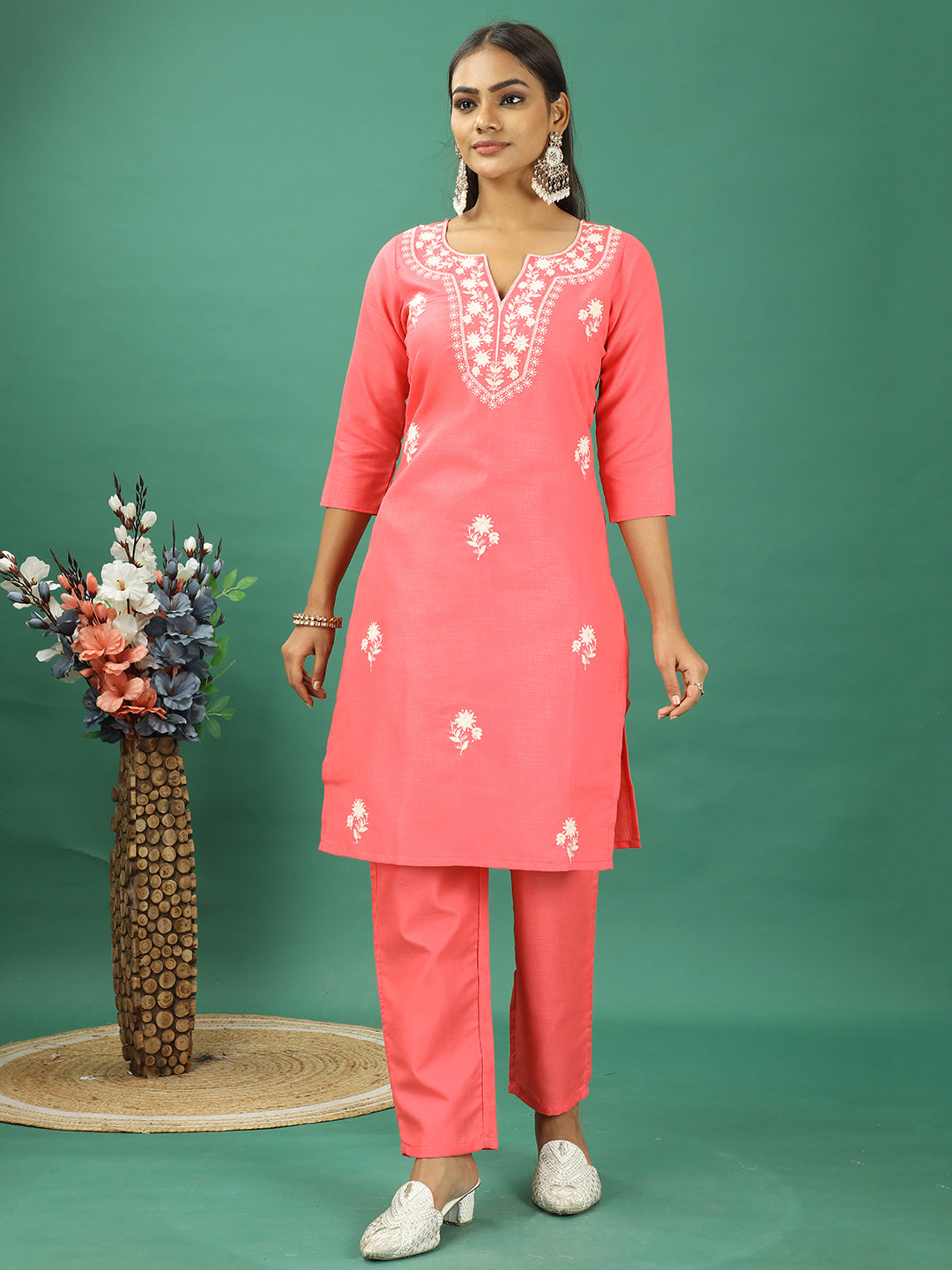 Bollywood Vogue Ready To Wear Coral Rayon Embroidered Straight Pant Suit - Side View