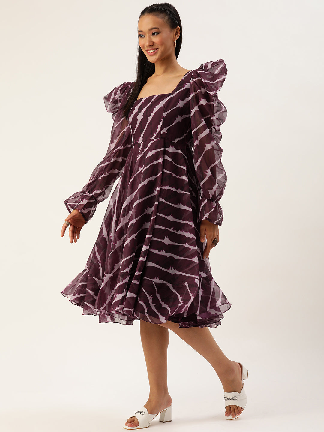 Bollywood Vogue Ready To Wear Wine Digital Printed Organza Dress - Side View