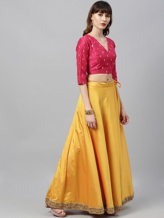 Bollywood Vogue Ready To Wear Yellow N Pink Embroidered Lehenga Set - Detail View