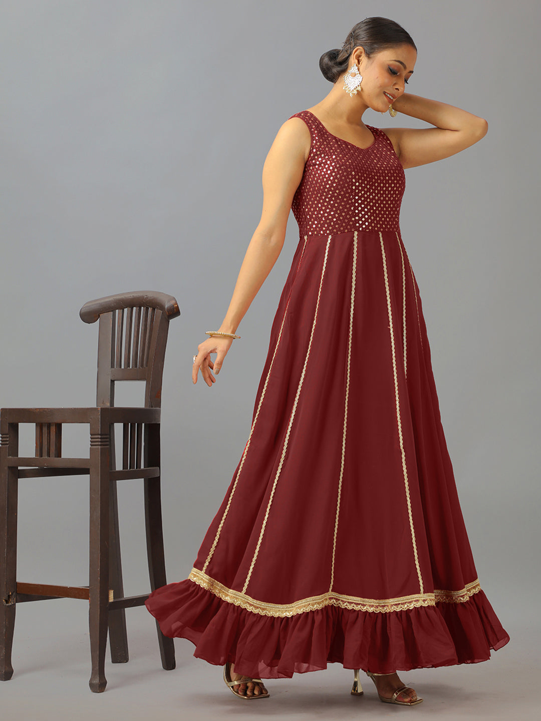 Bollywood Vogue Ready To Wear Maroon Embroidered Georgette Kali Gown - Additional View 1