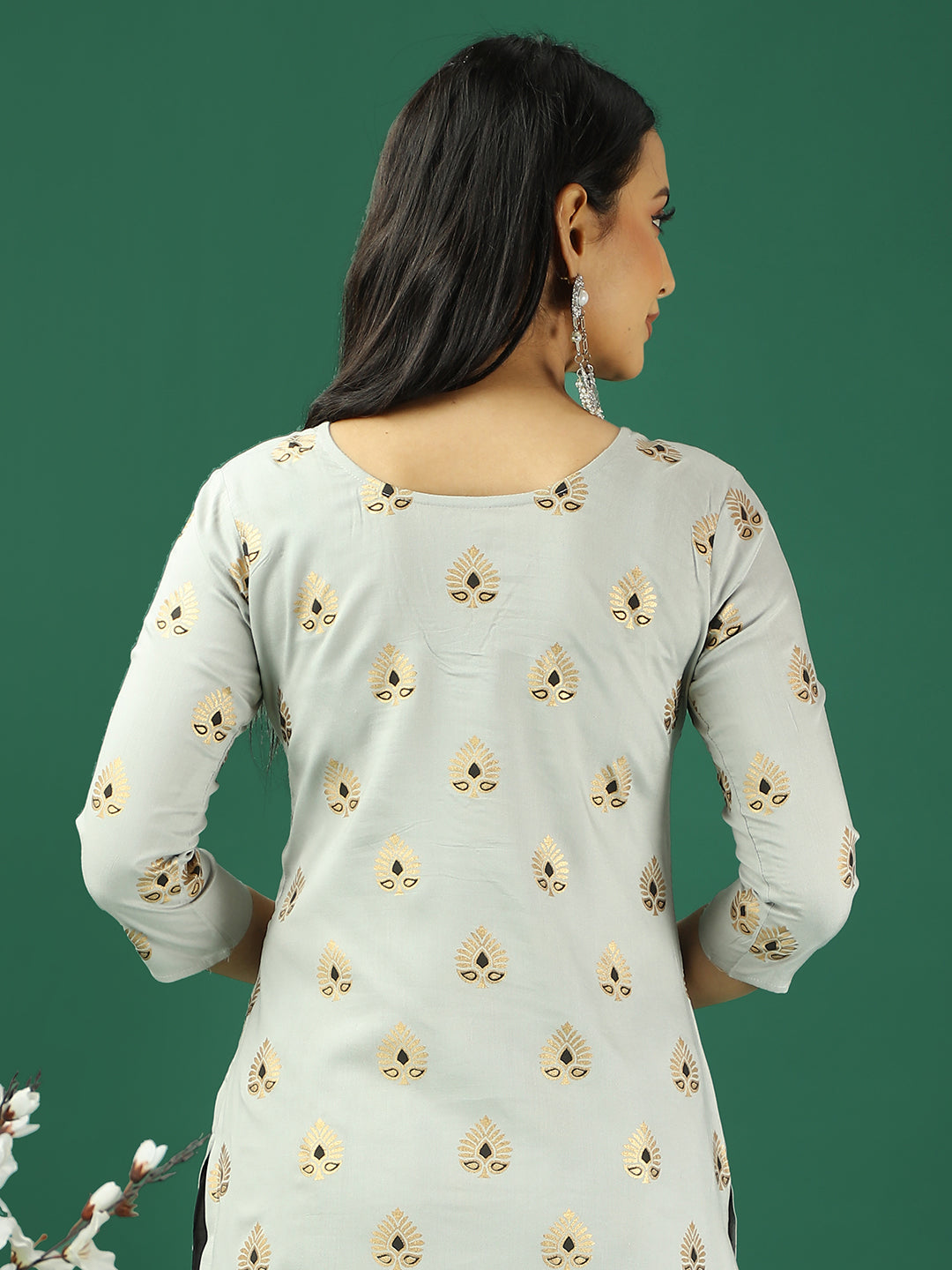Bollywood Vogue Ready To Wear Grey Rayon Foil Printed Kurta Set - Detail View