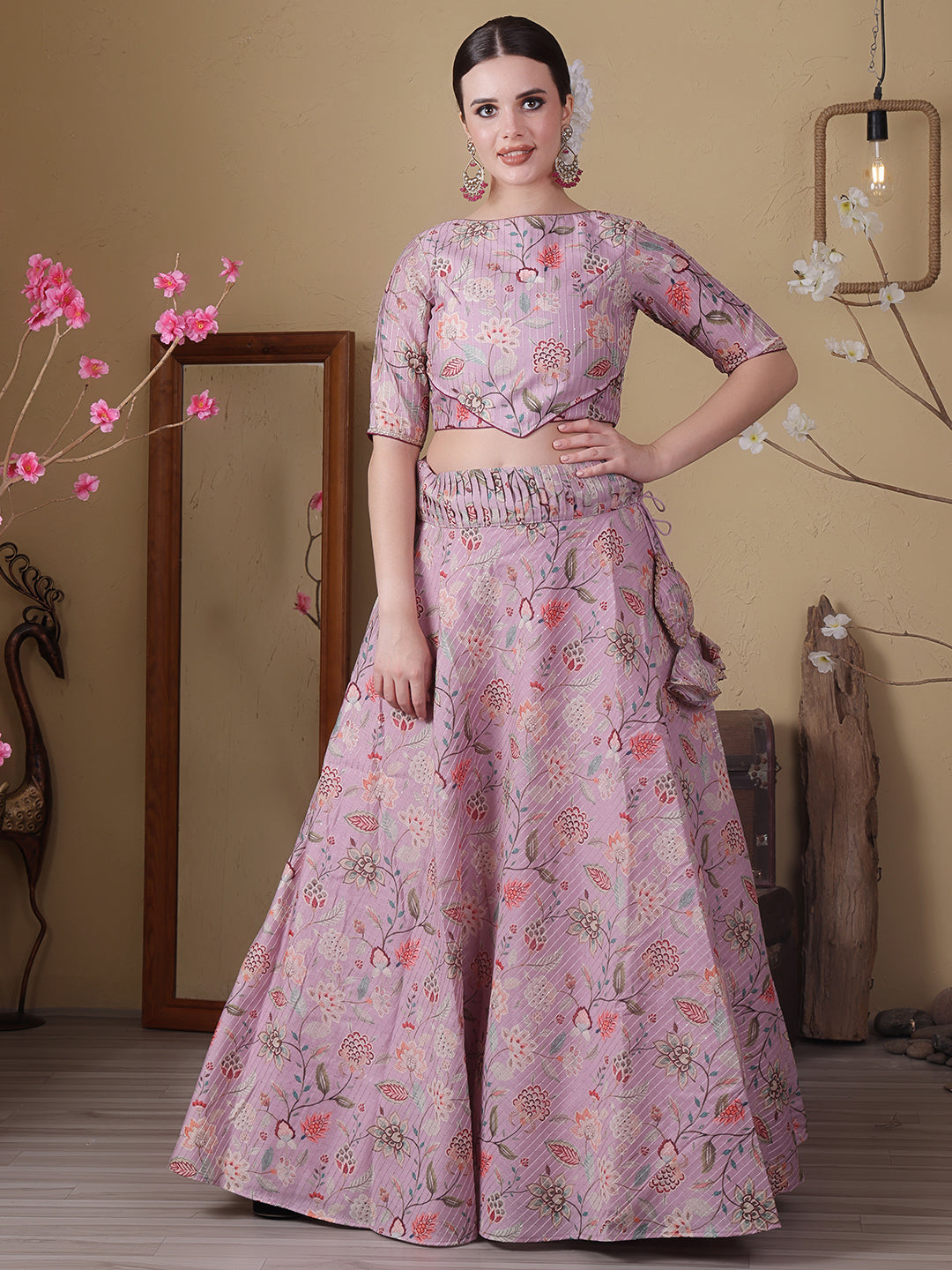 Bollywood Vogue Ready To Wear Mauve Digital Printed Boat Neck Lehenga - Side View