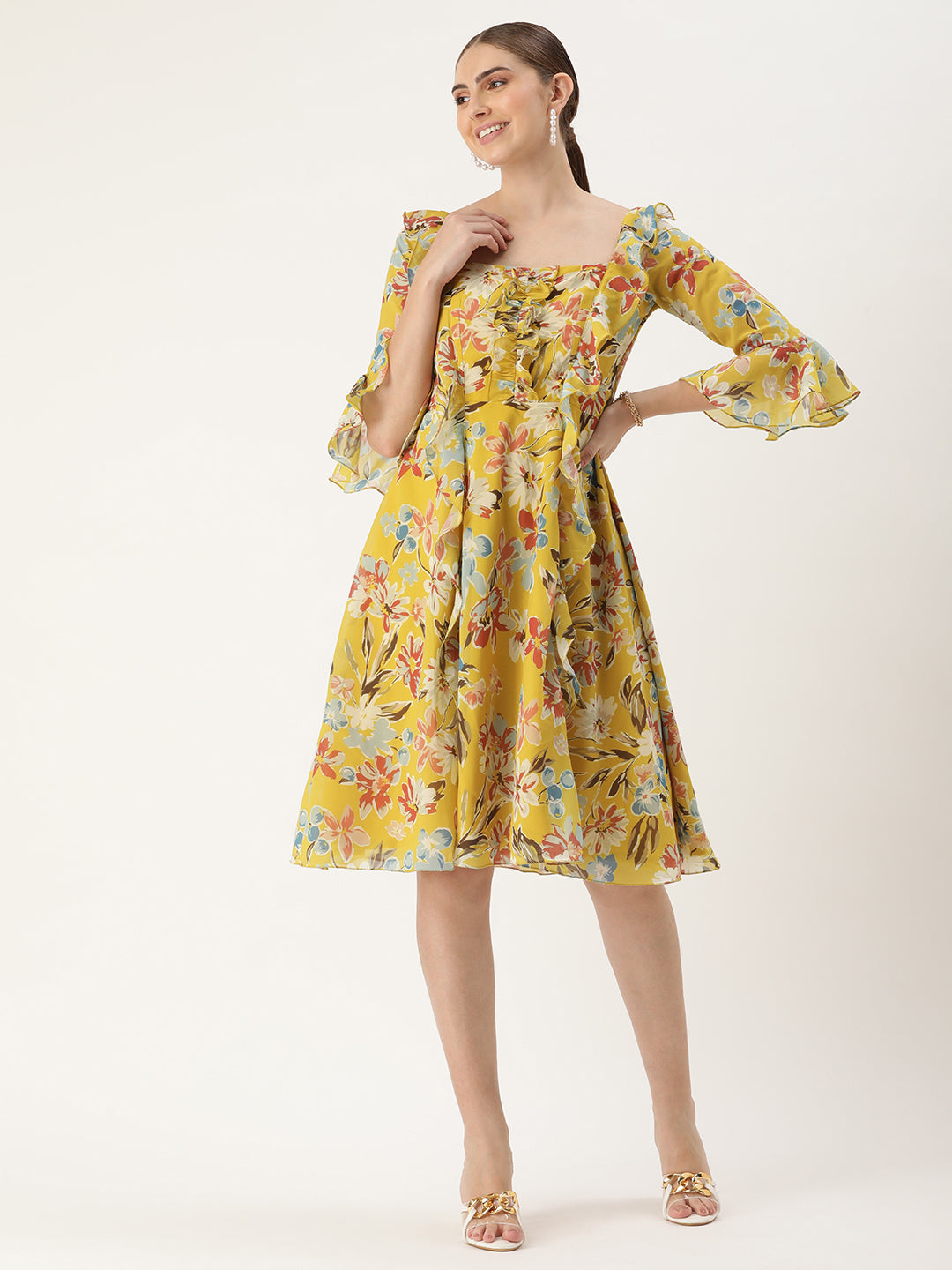 Bollywood Vogue Ready To Wear Yellow Georgette Printed Dress - Front View