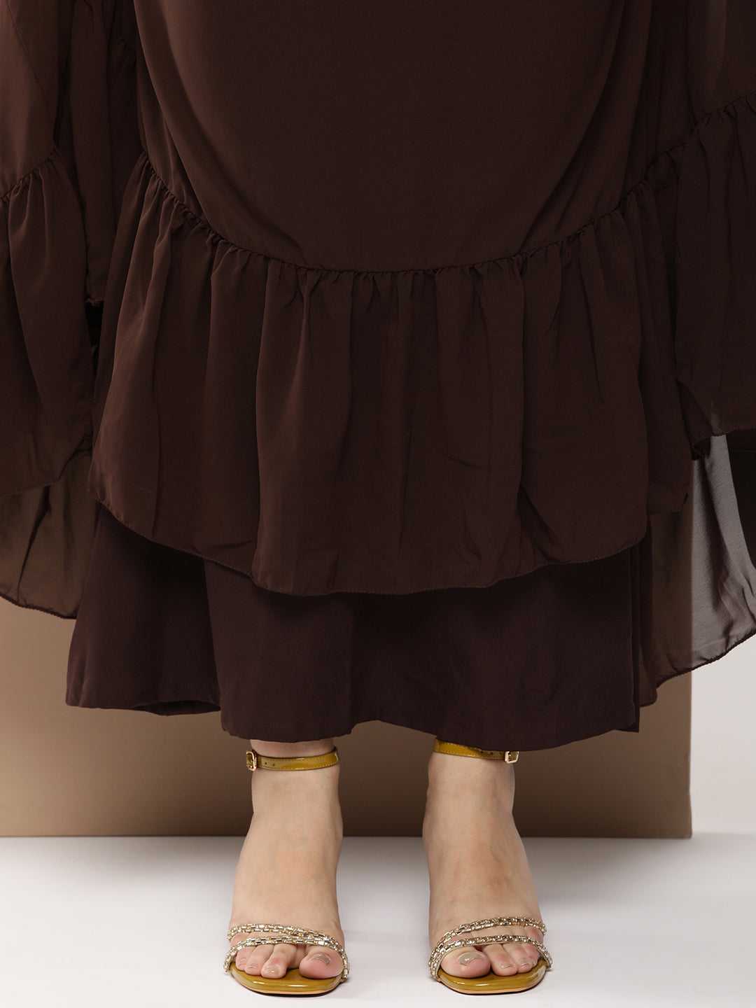 Bollywood Vogue Ready To Wear Yellow Rayon N Brown Georgette Gathers Dress - Look Shot