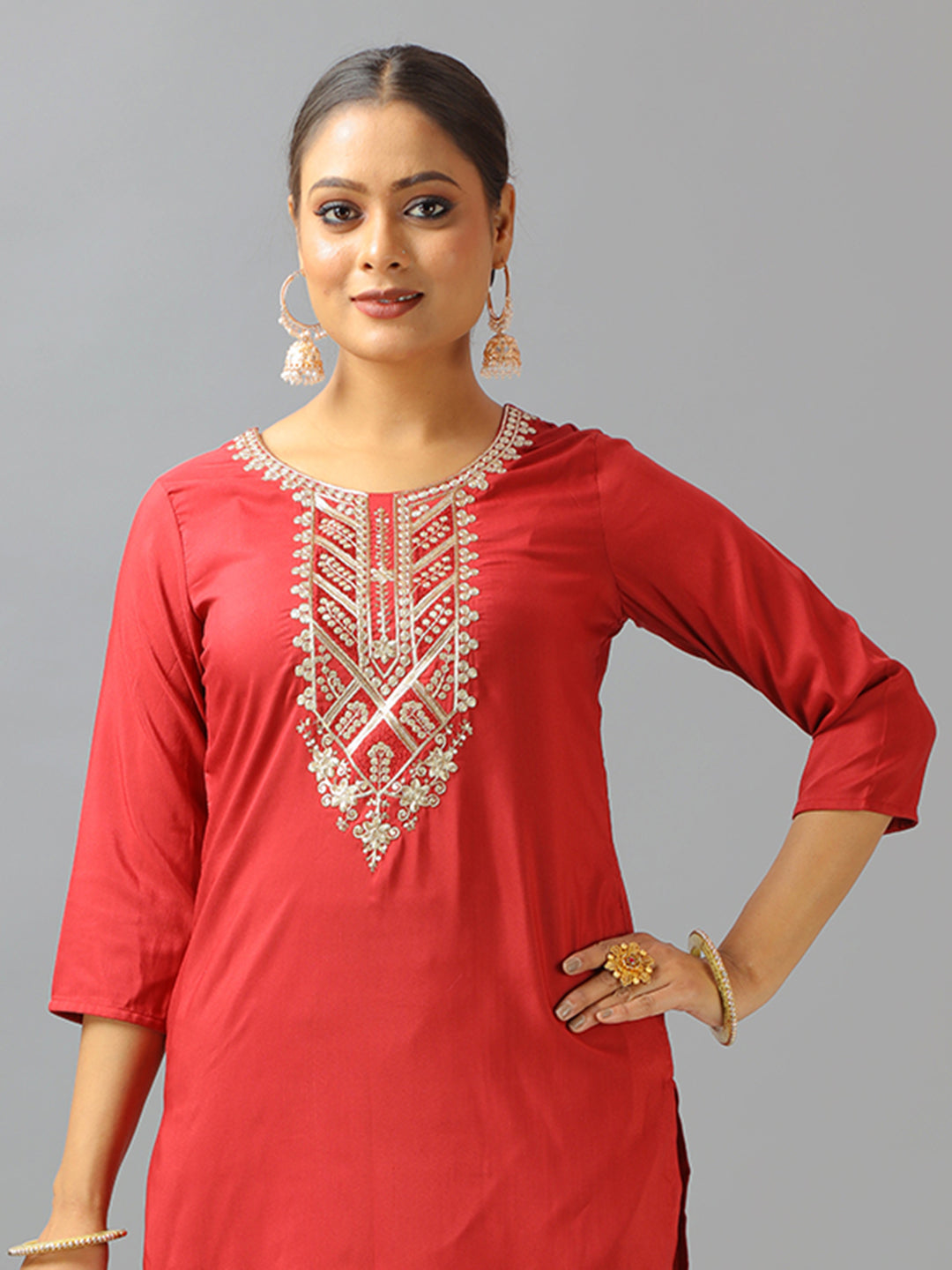 Bollywood Vogue Ready To Wear Maroon Art Silk Embroidered Straight Pant Suit - Detail View