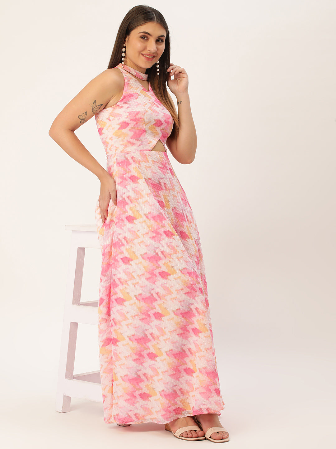 Bollywood Vogue Ready To Wear Multicolored Georgette Printed Halter Neck Dress - Detail View