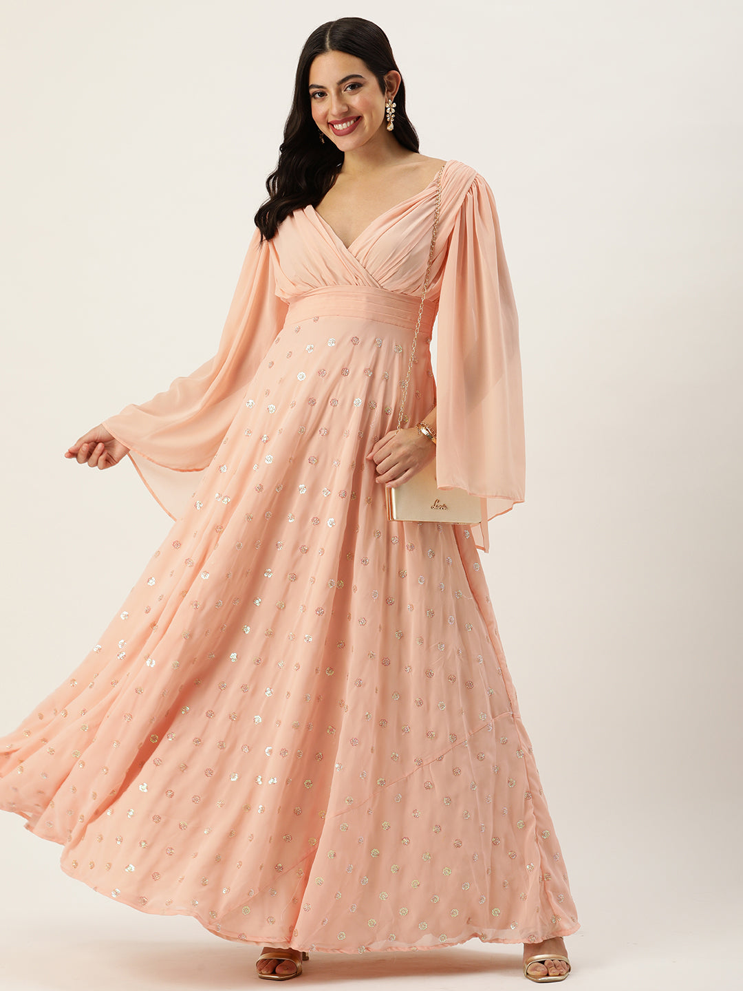 Bollywood Vogue Ready To Wear Peach Embroidered Georgette Overlapped Gown - Front View