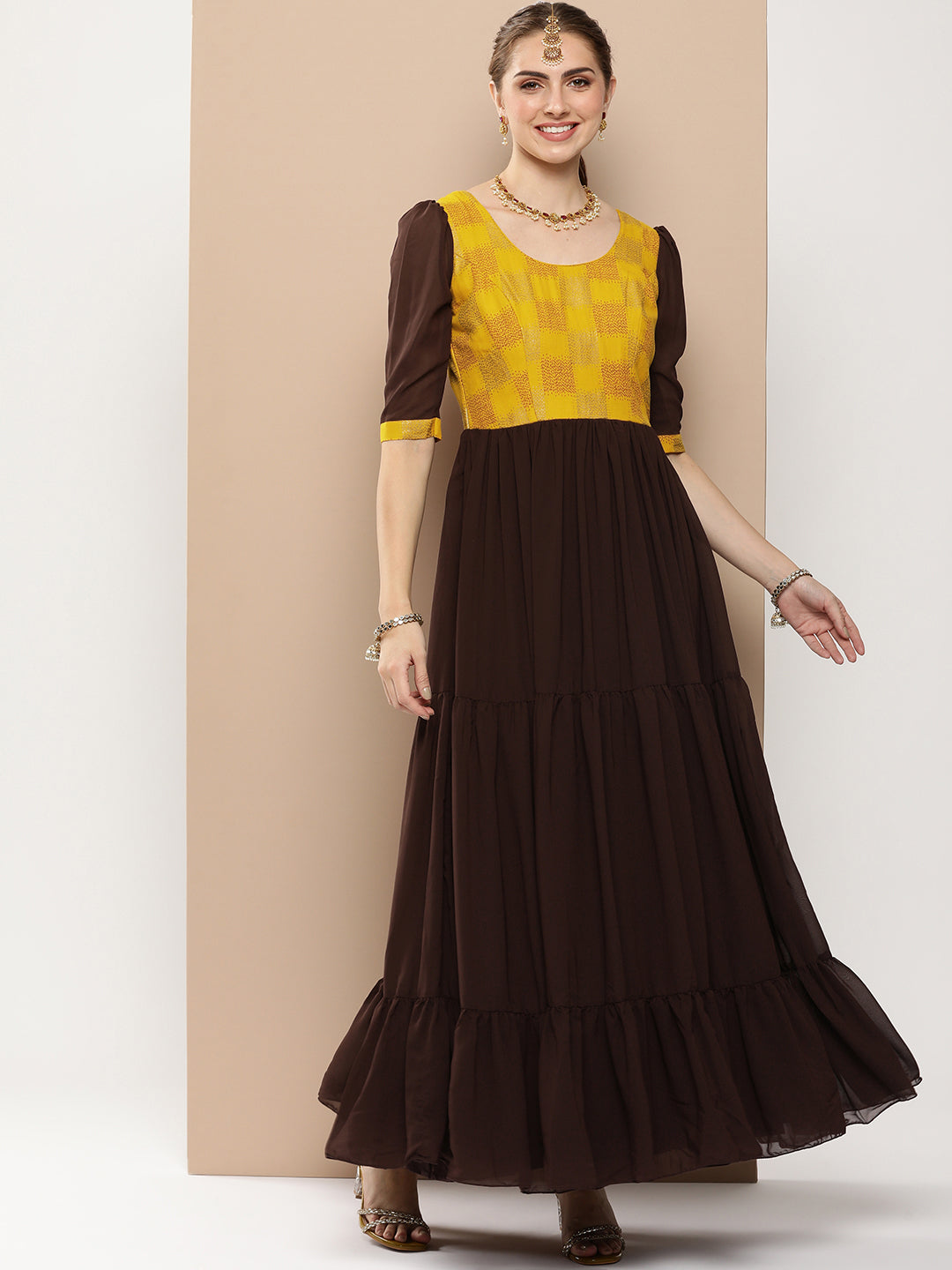 Bollywood Vogue Ready To Wear Yellow Rayon N Brown Georgette Gathers Dress - Front View
