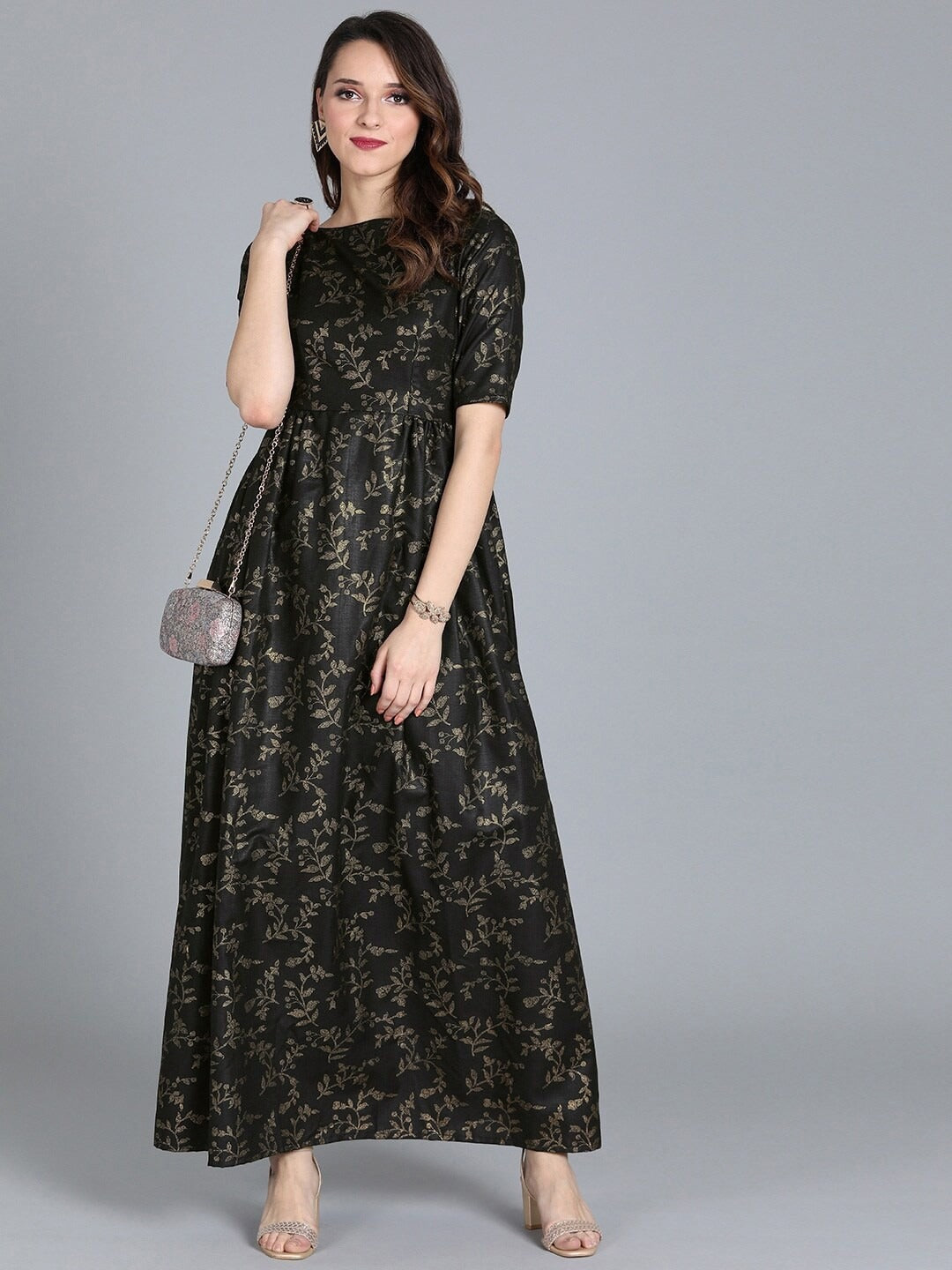 Bollywood Vogue Ready To Wear Black Printed Rayon Boat Neck Gown - Side View