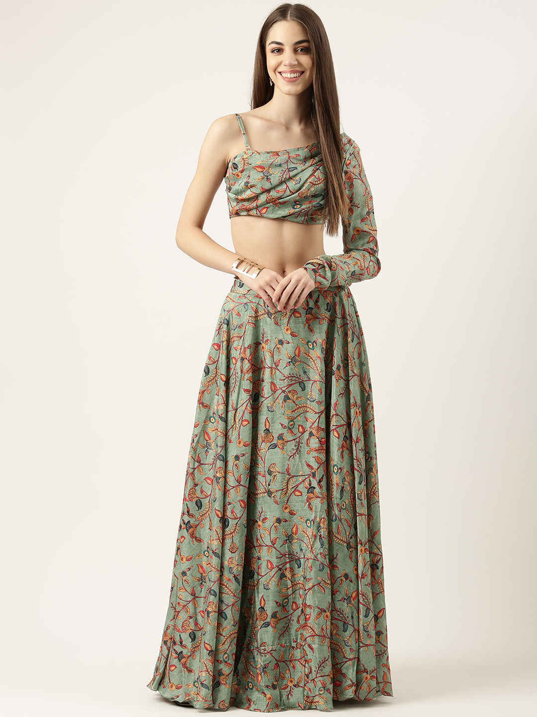 Bollywood Vogue Ready To Wear Green Chinon Printed Skirt Set - Front View