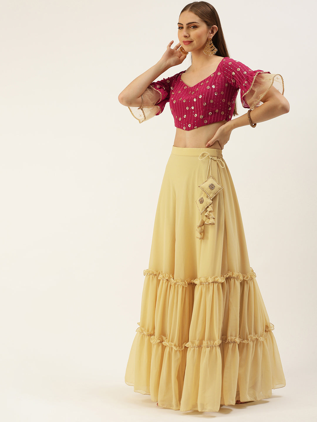 Bollywood Vogue Ready To Wear Dark Pink Sequins Embroidered N Beige Georgette Lehenga - Additional View 1