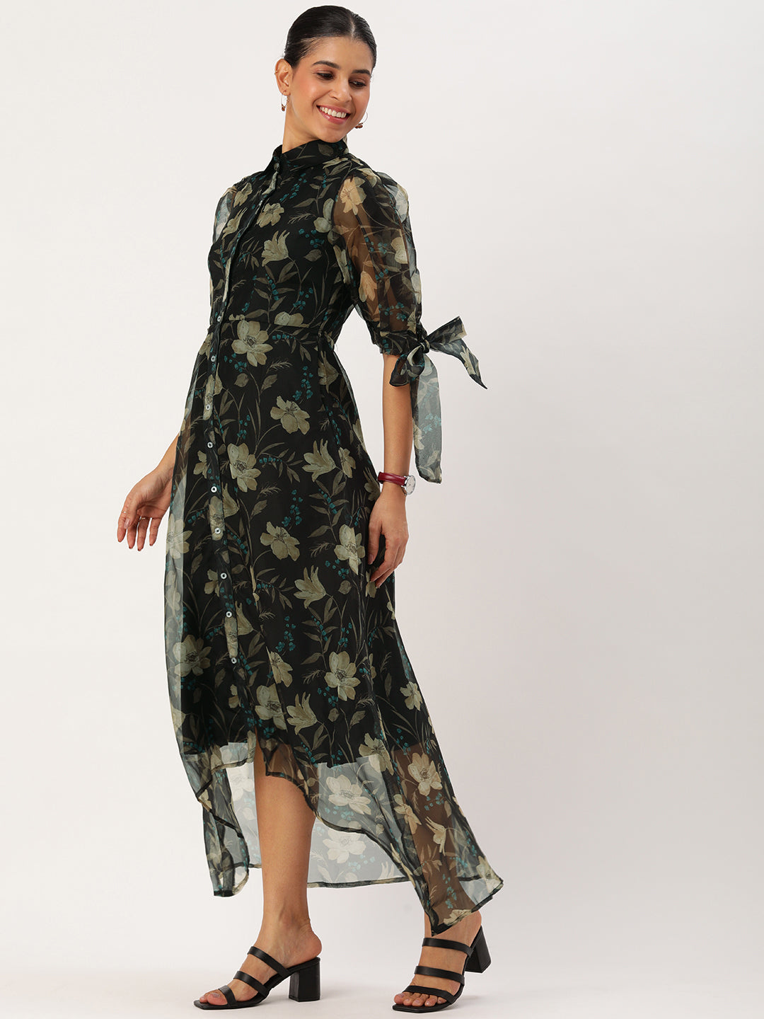 Bollywood Vogue Ready To Wear Black Organza Digital Printed Dress - Side View