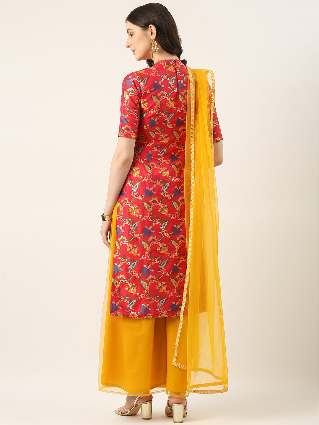 Bollywood Vogue Ready To Wear Magenta Jacquard N Yellow Palazzo Suit - Back View