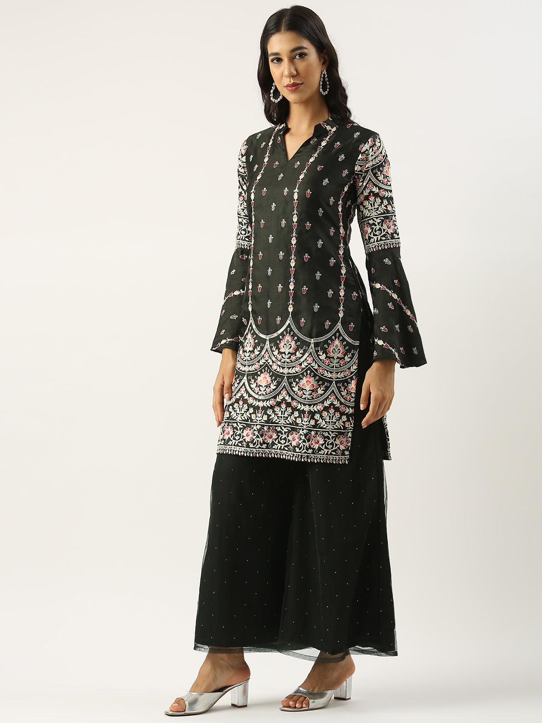Bollywood Vogue Ready To Wear Green Art Silk Embroidered Palazzo Suit - Back View