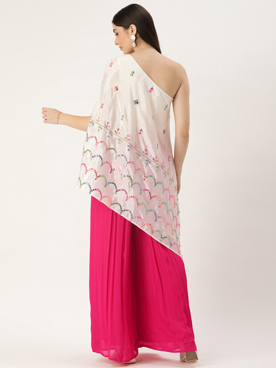Bollywood Vogue Ready To Wear Cream N Pink Chinon Embroidered Top N Palazzo Set - Back View