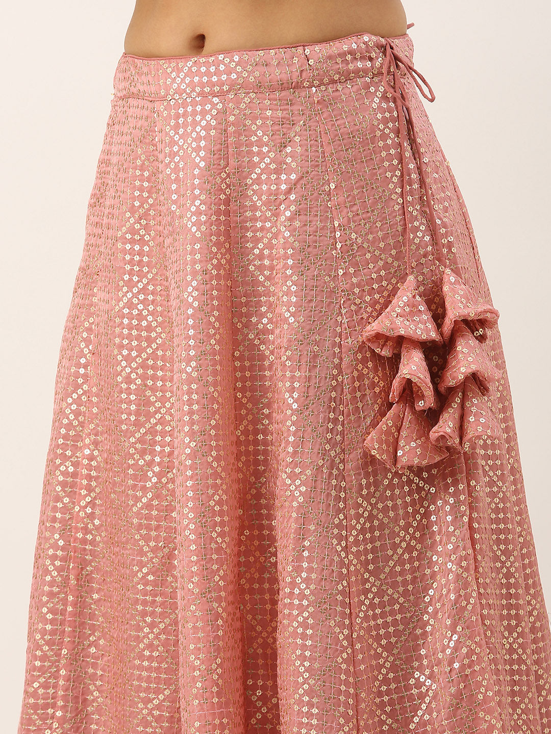 Bollywood Vogue Ready To Wear Pink Organza Embroidered Kali Lehenga - Additional View 1