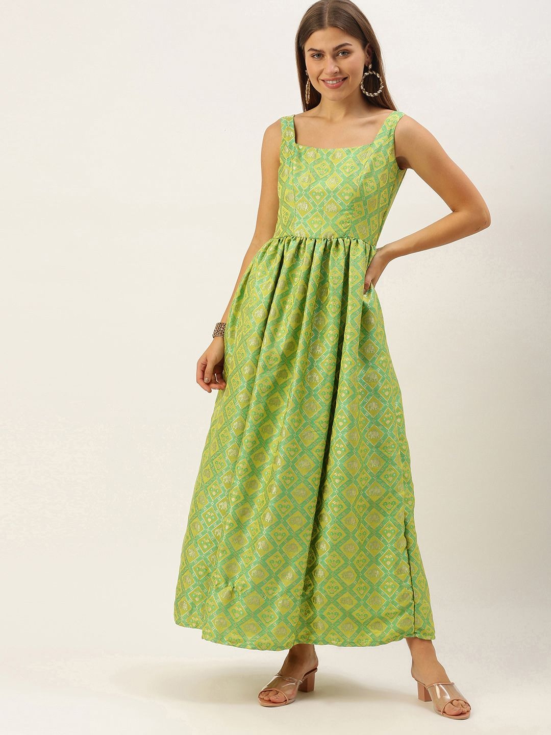 Bollywood Vogue Ready To Wear Green Patola Strap neckline Dress - Front View