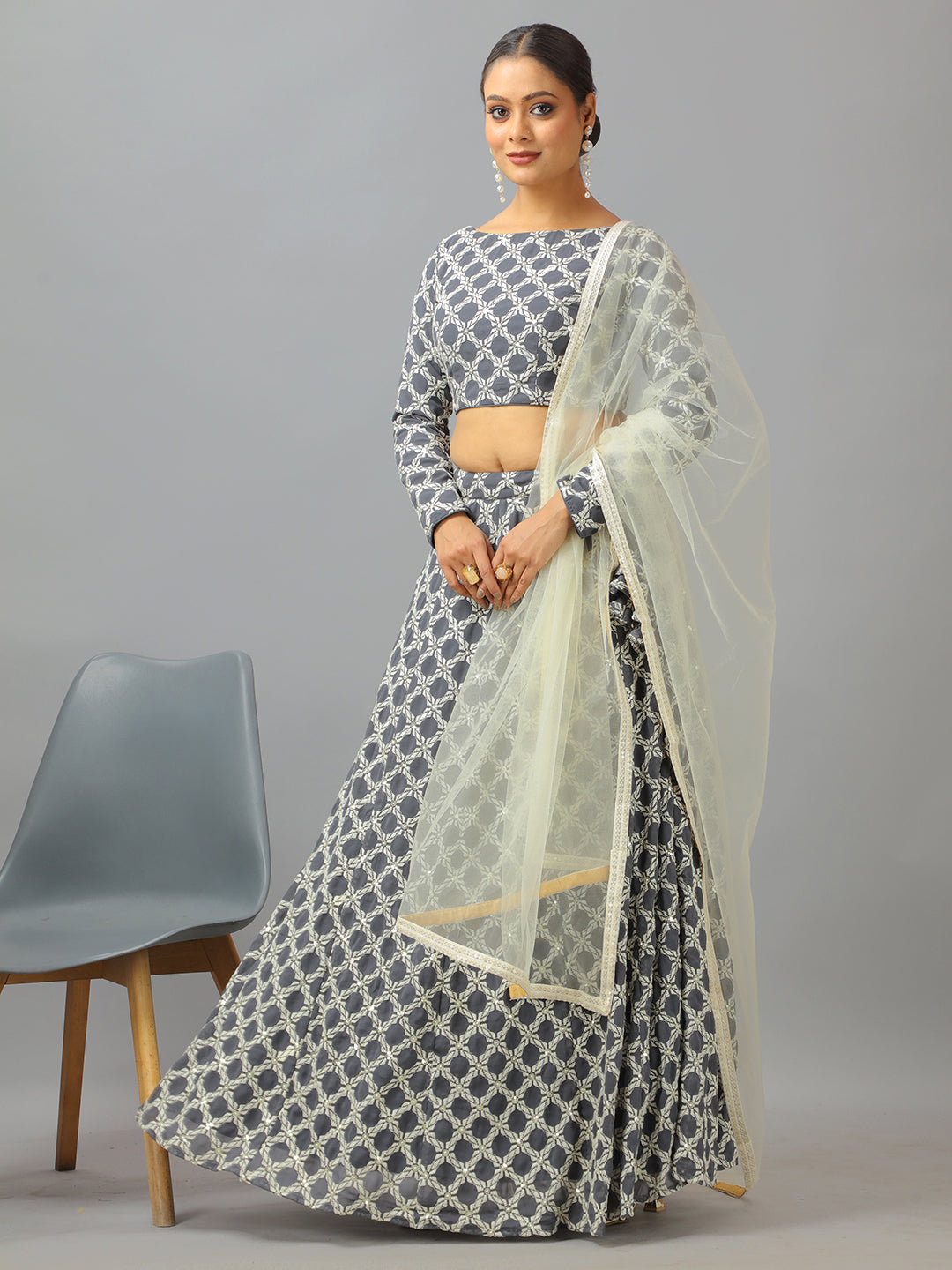 Bollywood Vogue Ready To Wear Grey Georgette Embroidered Lehenga Set - Front View