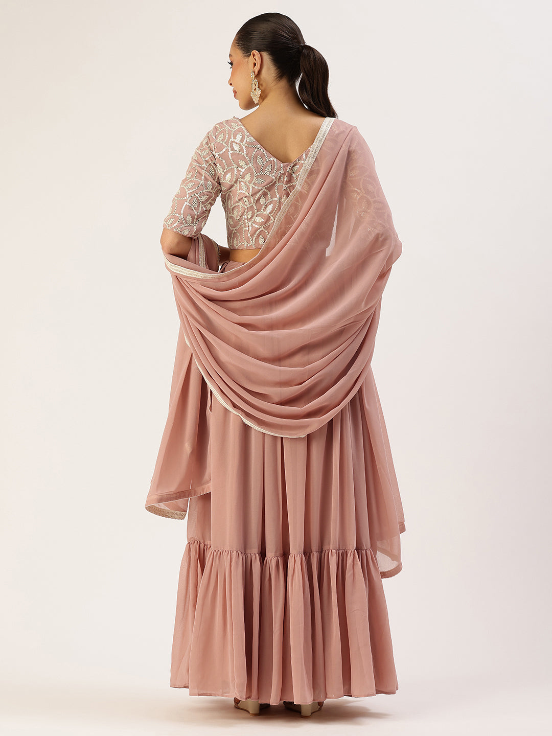 Bollywood Vogue Ready To Wear Pink Embroidered Lehenga Set - Back View