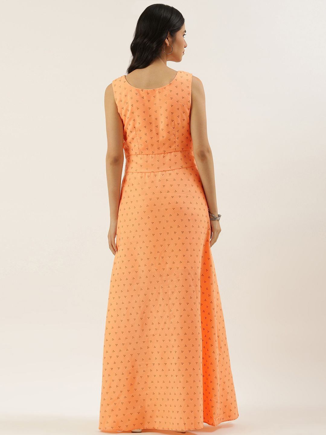 Bollywood Vogue Ready To Wear Peach Foil Printed Cotton Maxi Dress - Back View