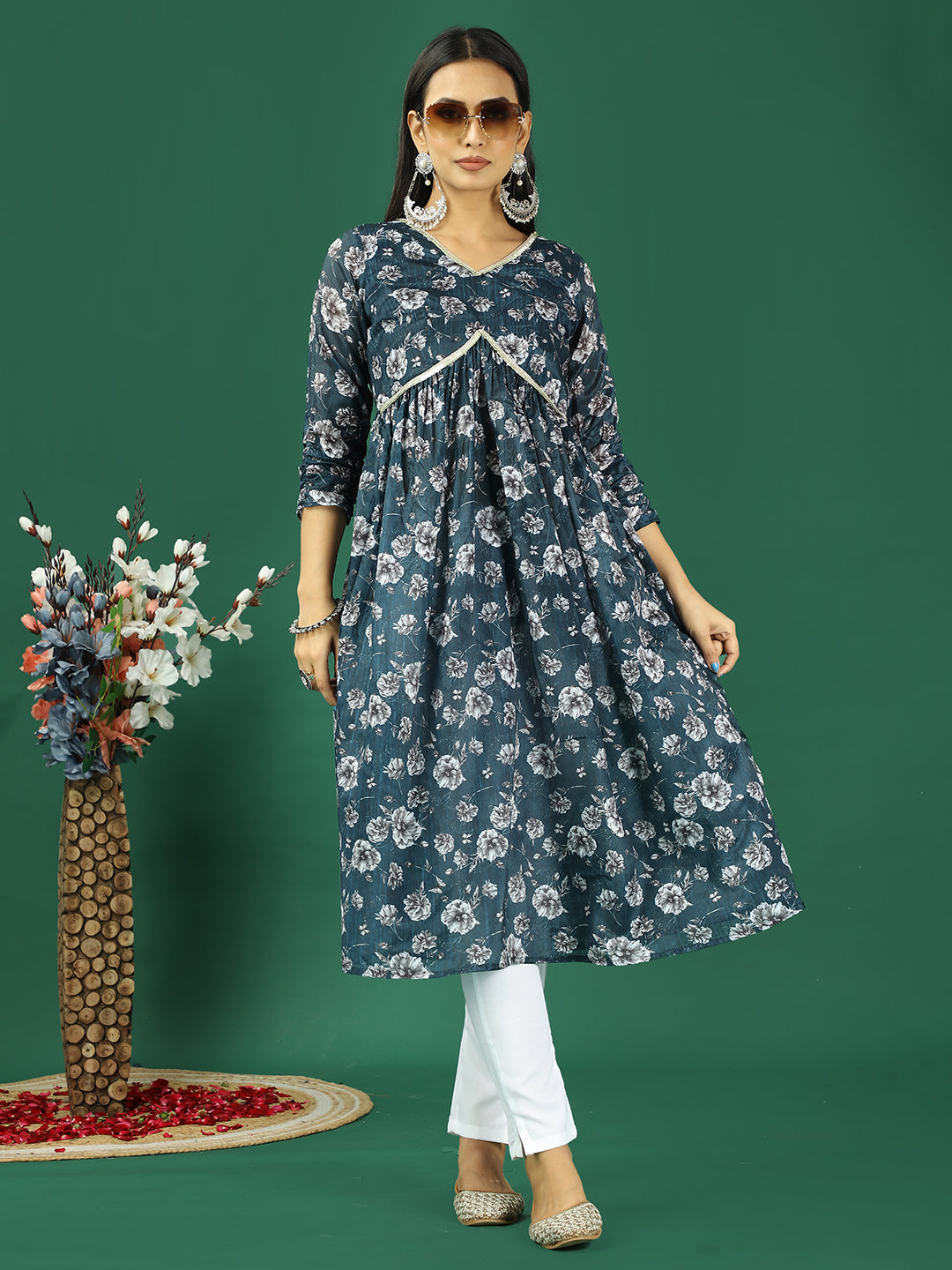 Bollywood Vogue Ready To Wear Blue Chinon Printed Gathered Style Kurta Set - Additional View 2