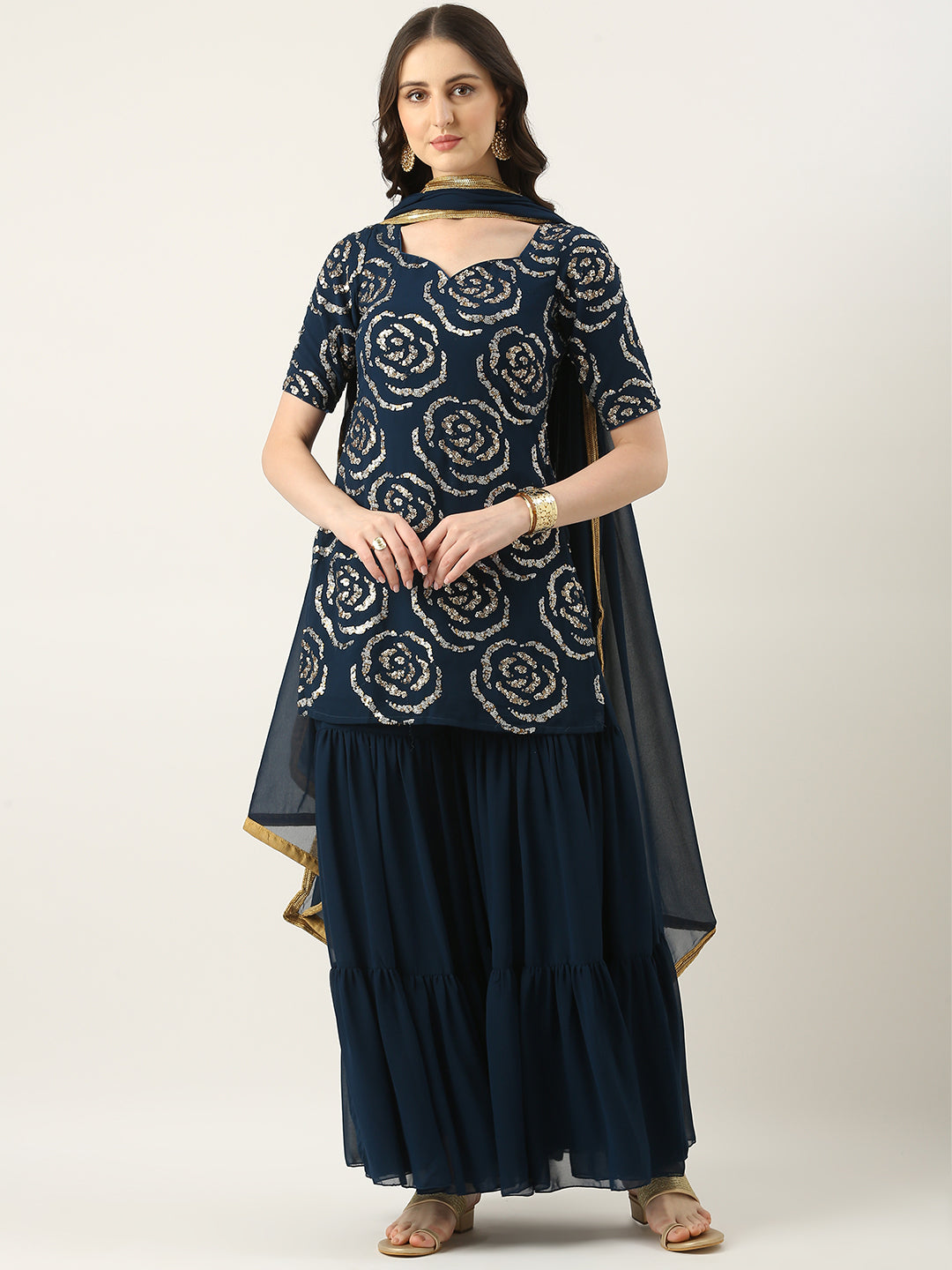 Bollywood Vogue Ready To Wear Navy Blue Georgette Embroidered Gharara Suit - Front View