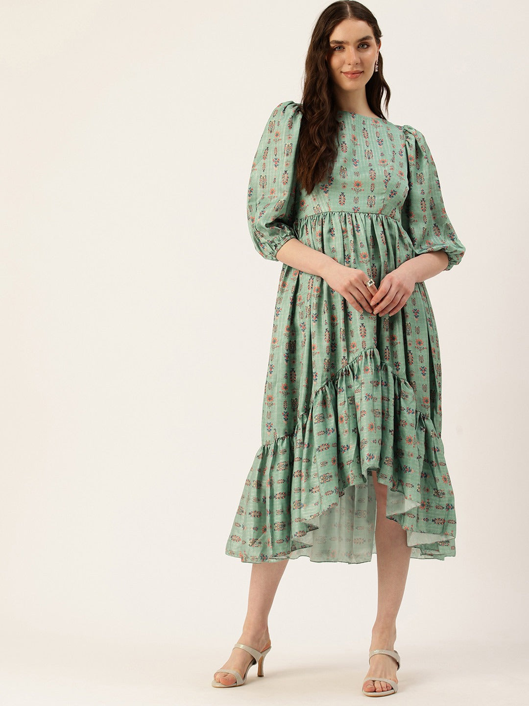 Bollywood Vogue Ready To Wear Green Art Silk Digital Print High N Low Dress - Front View