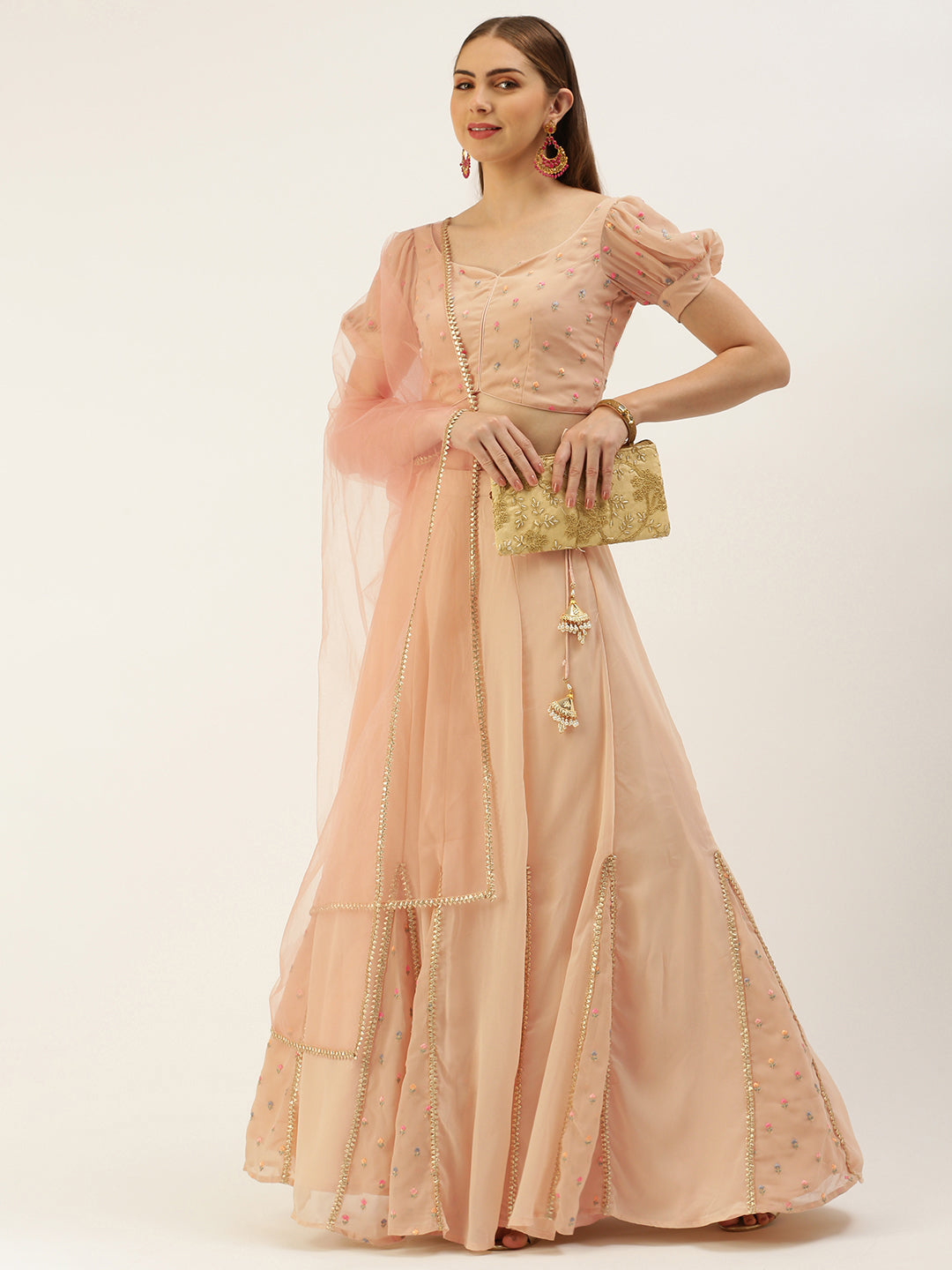 Bollywood Vogue Ready To Wear Peach Georgette Embroidered Lehenga Set - Front View