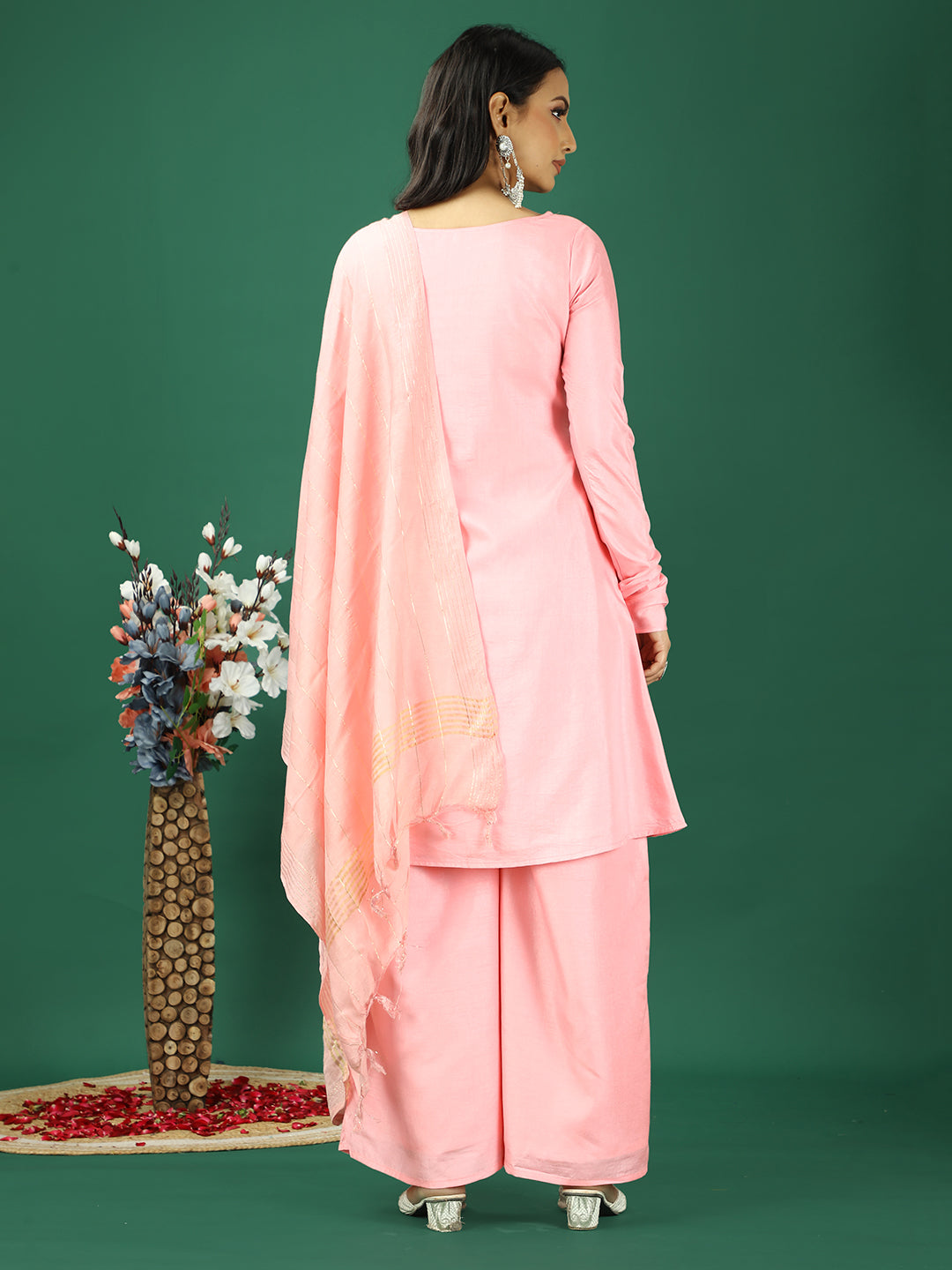 Bollywood Vogue Ready To Wear Pink Art Silk Embroidered Straight Pant Suit - Back View