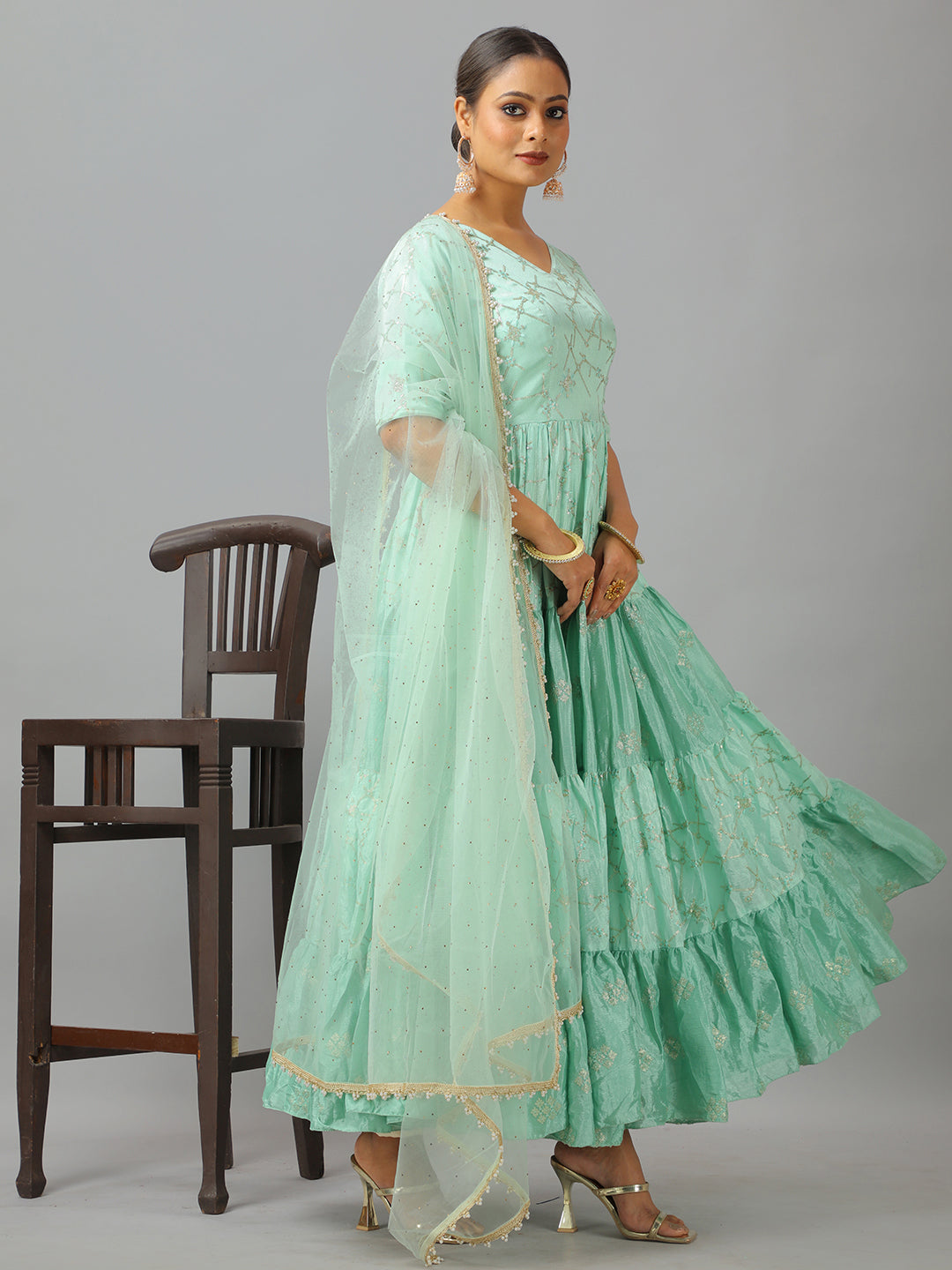 Bollywood Vogue Ready To Wear Classic Pistachio Green Embroidered Anarkali Suit - Side View