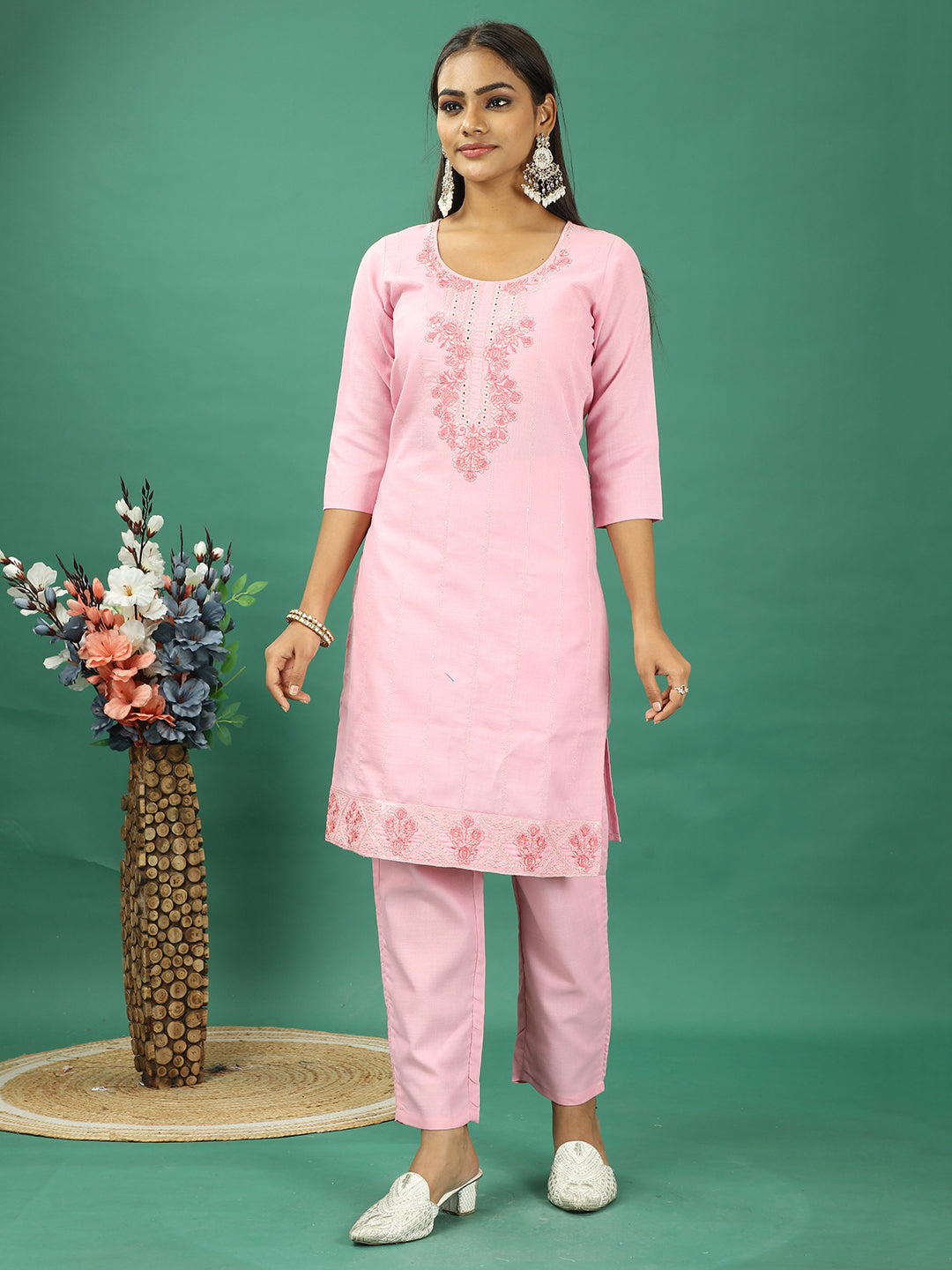 Bollywood Vogue Ready To Wear Pink Rayon Embroidered Straight Pant Suit - Side View
